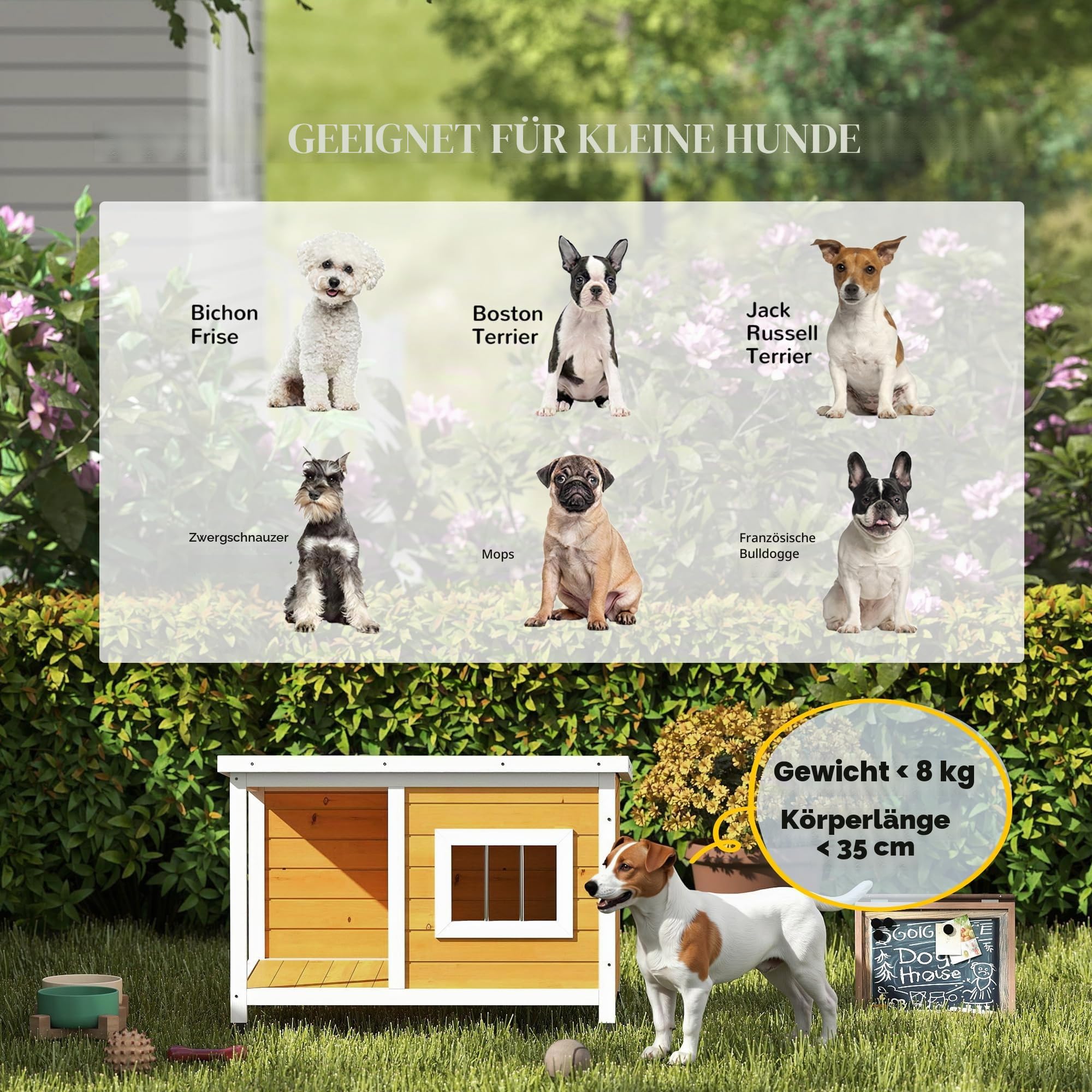 PawHut Hundehütte Outdoor, Hundehaus aus Holz mit Aufklappbares Asphaltdach, wetterfest Hundehöhle mit Terrasse Hütte für kleine Hunde, draußen Orange, 85,5 x 62 x 60 cm