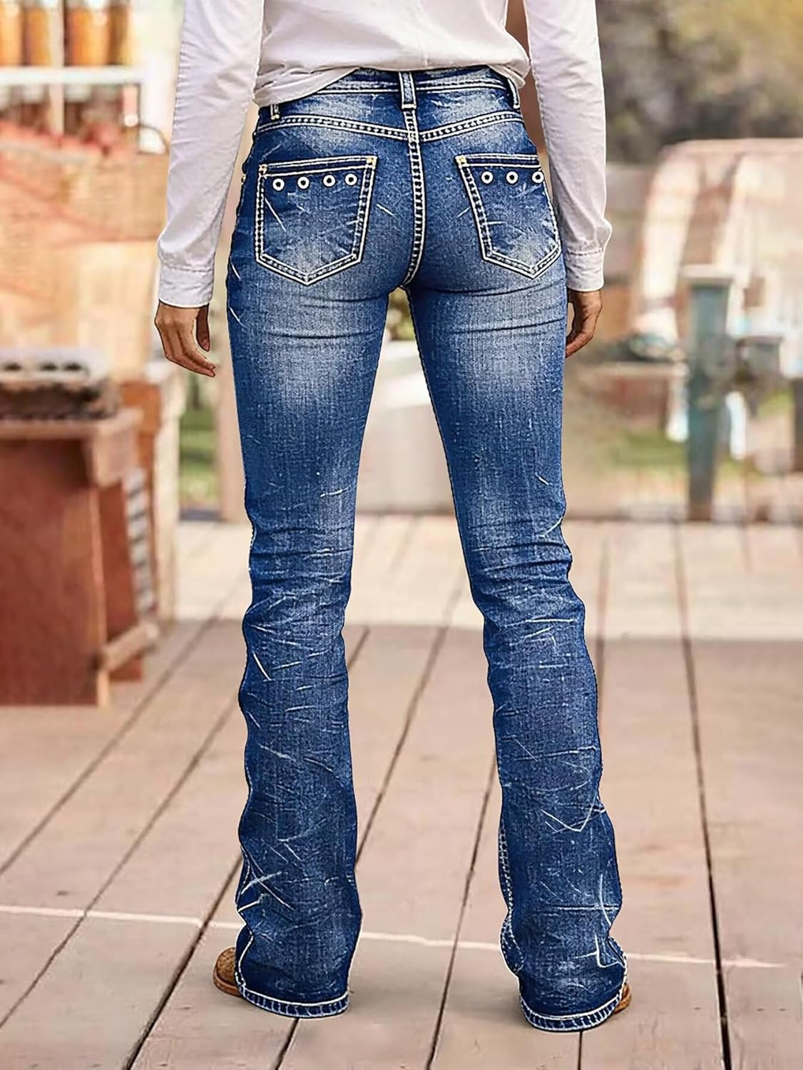 Flamingals Bootcut Mid Waist Wash Eyelet Decor Jeans for Women Retro Wash Denim Pants - Image 5