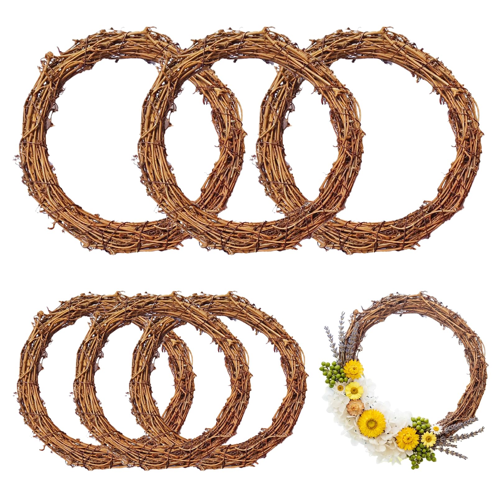 Hiuyavy Brown 6Pcs Natural Grapevine Wreaths, Wreath Ring, 20Cm/15Cm Door Wreath, Front Door Wall Hanging For Diy Xmas Halloween Easter