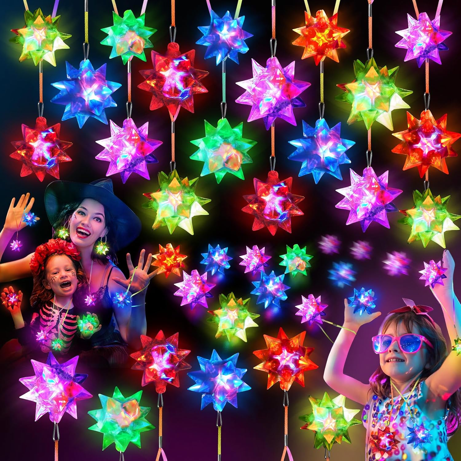 HONLYNE24 PCS Flashing Crystal Star Necklaces, Glow Necklaces Bulk Light up Party Favors, LED Glow in The Dark Necklaces for Kids Adults Birthday Glow Party Rave Halloween Goodie Bags Filler