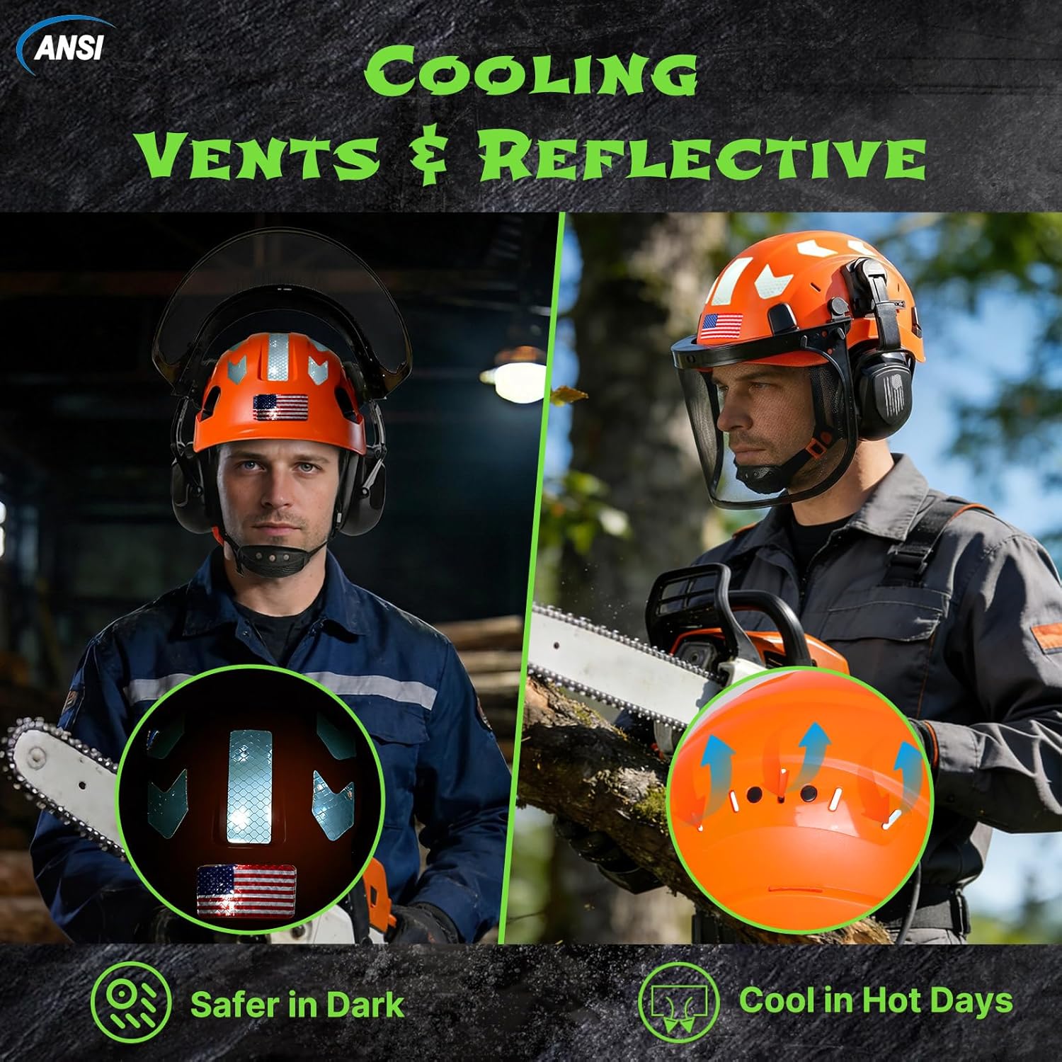 Aolamegs Chainsaw Helmet with Face Shield and Ear Muffs-Orange Forestry Helmet with Hearing Protection and Mesh Full Face Mask,OSHA Approved Arborist Safety Hard Hat with Ear Protection for Mowing