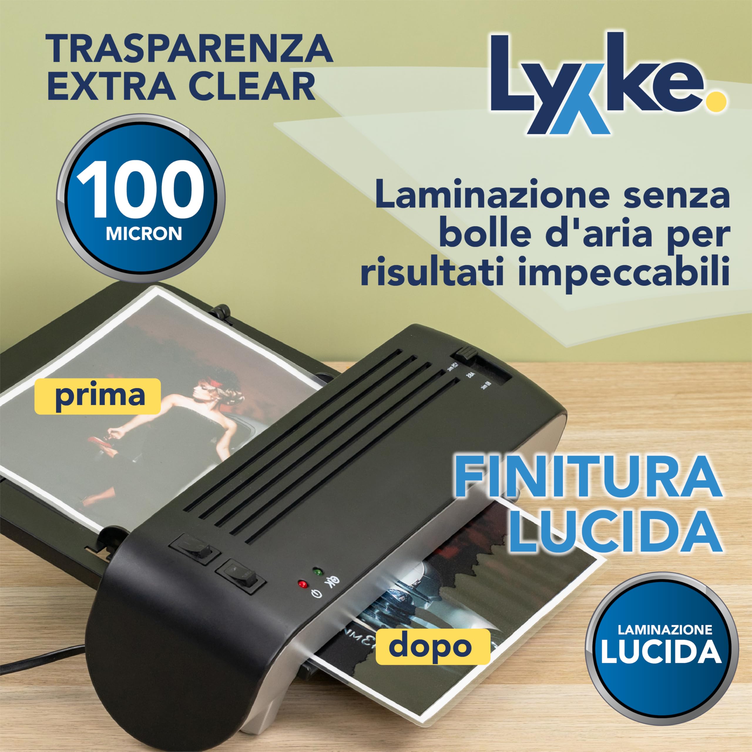 Fogli Plastificatrice A4 100 pz 2x100 micron Lucidi Premium Anti-inceppamento Trasparenti per Foto Documenti