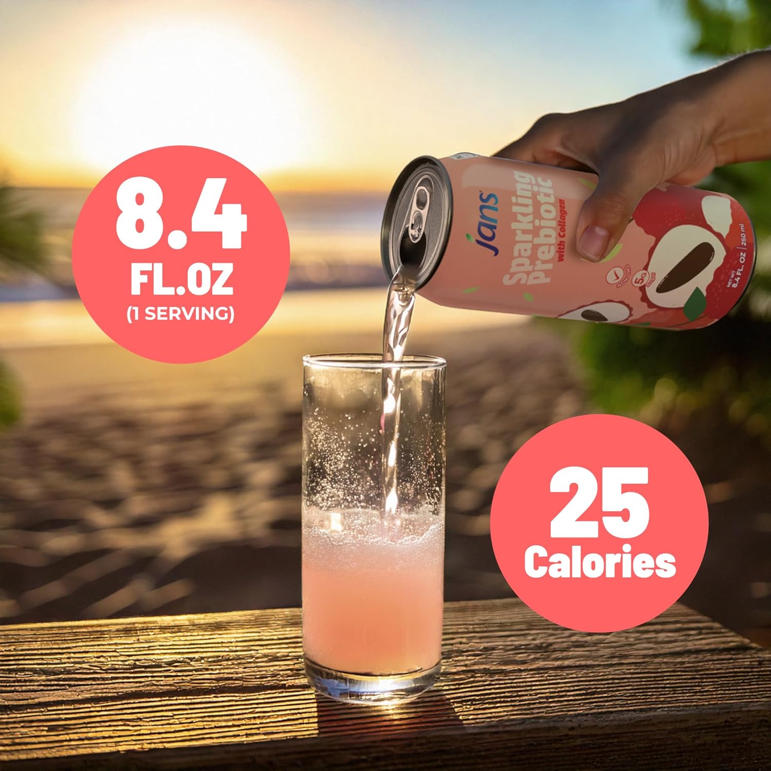 Jans Sparkling Prebiotic with Collagen Soda Beverage — Lychee 8.4 Fl Oz (24-Pack) – Low Calorie, NO Added Sugar, Non-GMO Sparkling Fruit Beverage, Gut Health Support