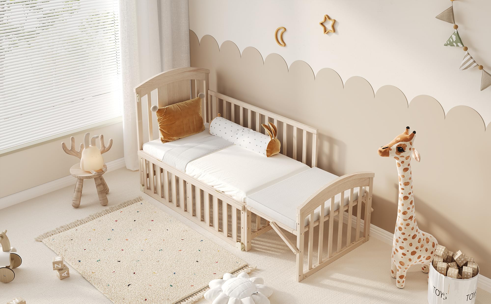 Babybett multifunktional 120x60 cm mit Wickelkommode & Rollen, ausziehbar auf 162 cm, Beistellbett mit faltbarem Regal, Baby Bett aus Holz Natur, ohne Matratze