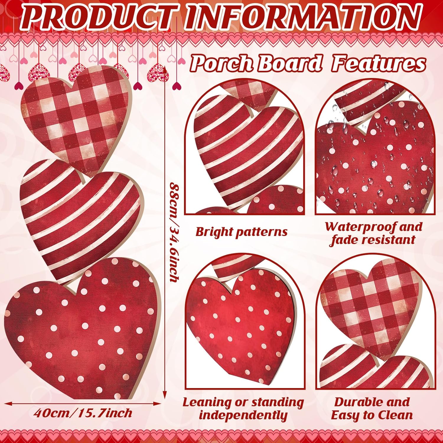 Yerliker 35 inch Valentine's Day Stacked heart for Home Front Porch Decor Wood heart Outdoor Decor Valentine's Day Sign for Yard Front Door Garden Patio Outdoor Rustic Heart