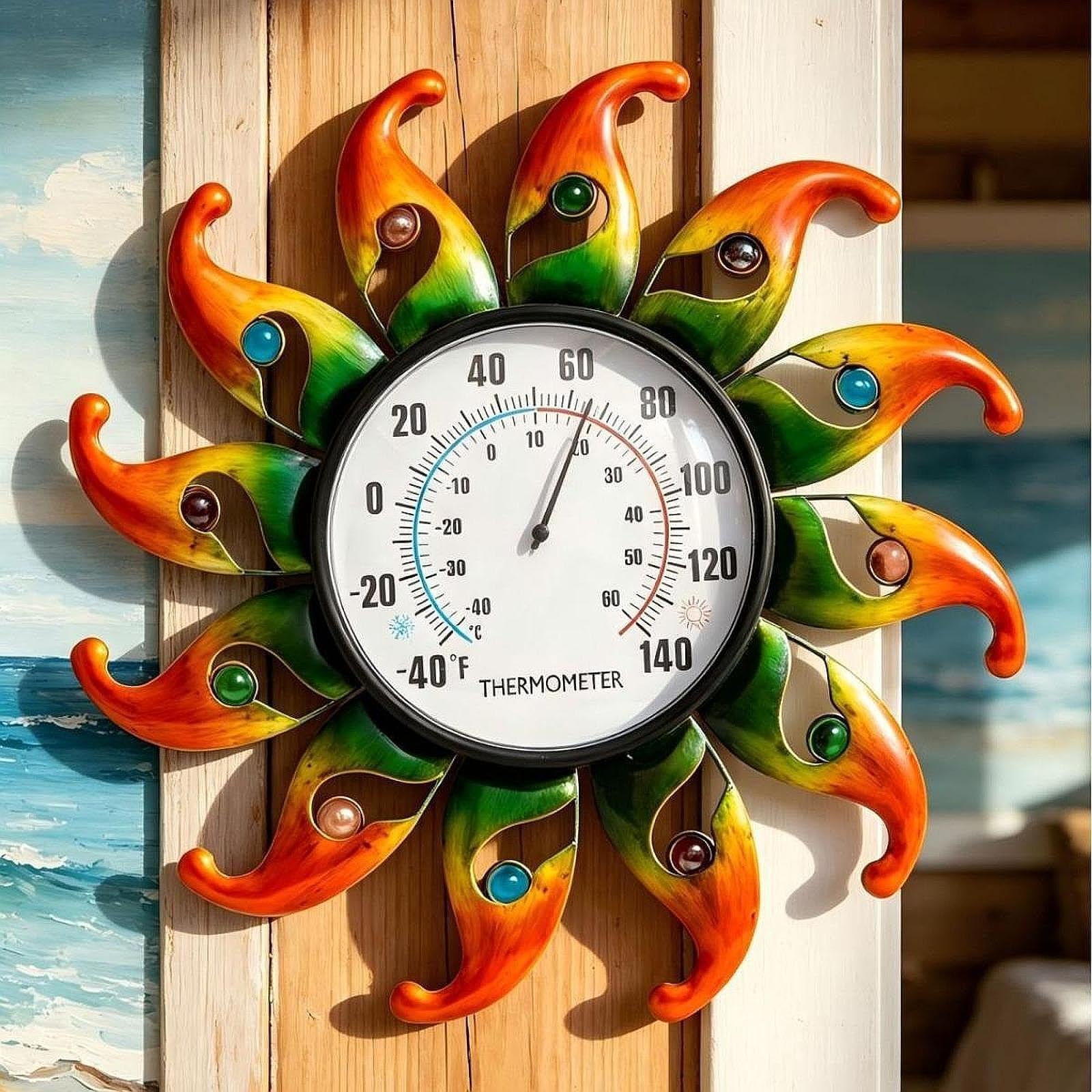 Sharplace Termometro da esterno Sun, decorativo per giardino, regalo di compleanno, termometro da parete in metallo a forma di girasole per cortile e giardino, Orangina