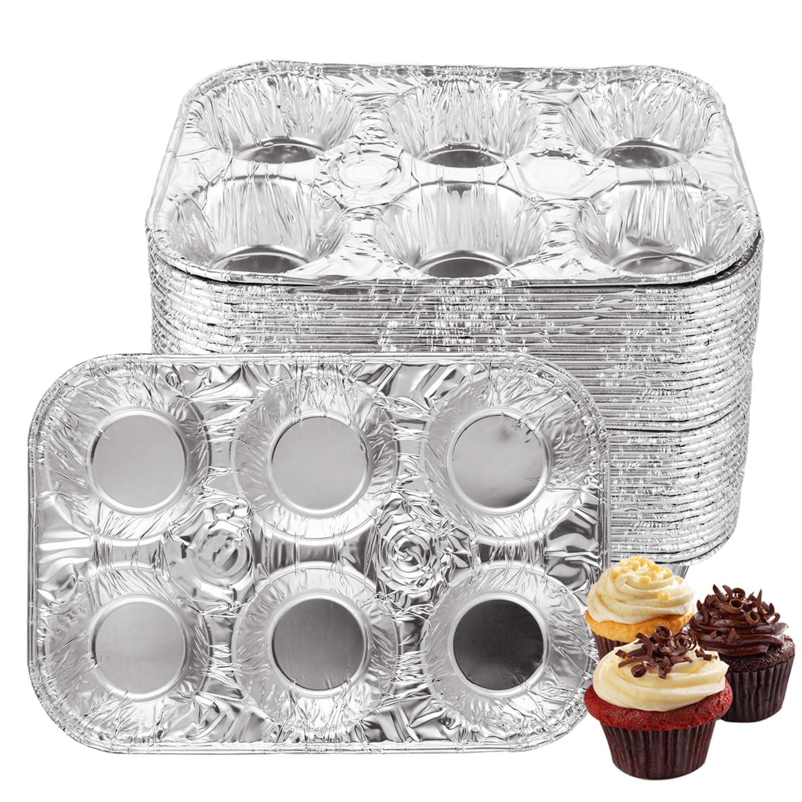 SENENQU Paquete de 50 moldes de papel de aluminio para magdalenas, capacidad para 6 magdalenas/magdalenas y moldes de papel de aluminio, moldes de tamaño estándar, molde desechable para hornear