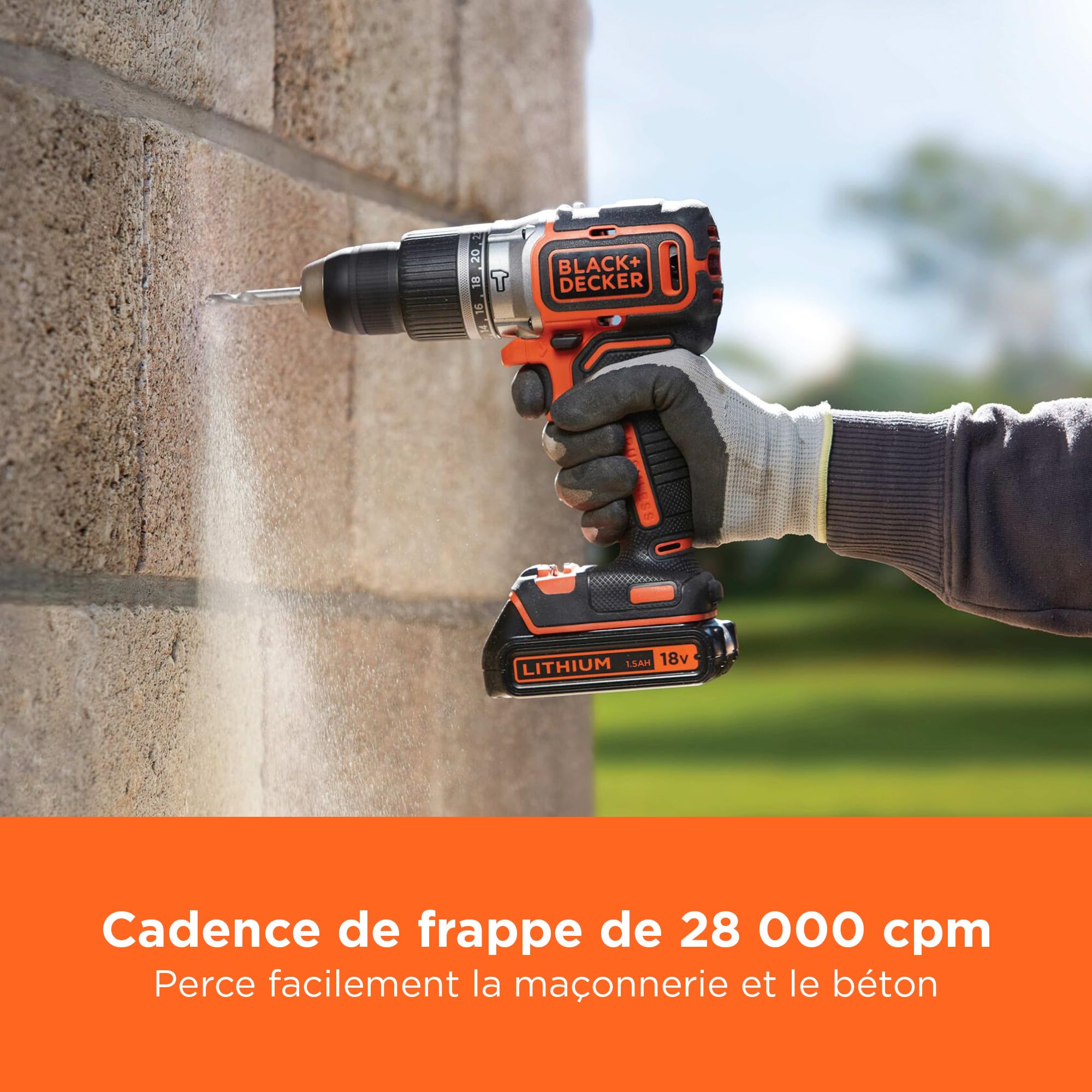 BLACK+DECKER Marteau perforateur sans fil 18V sans balais à 2 vitesses, 28,000 BPM, 52Nm de couple, livré avec 2 batteries de 1.5Ah, chargeur et Kitbox, BL188KB-QW