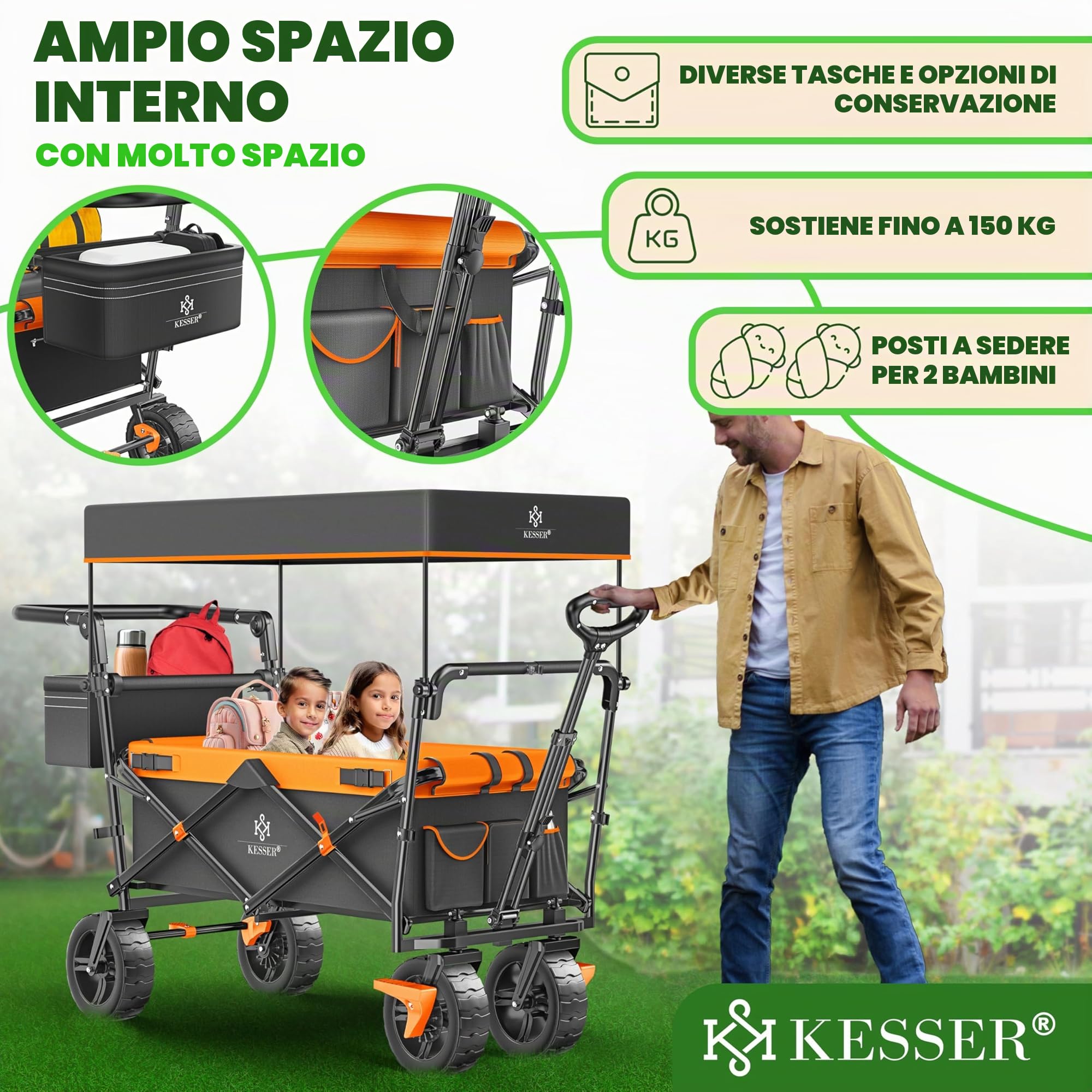 KESSER® Carrello pieghevole GT9000 con tetto | Carrello di trasporto max. portata 150 kg con ruote in gomma dura e freni anteriore/posteriore | Include serratura, copertura