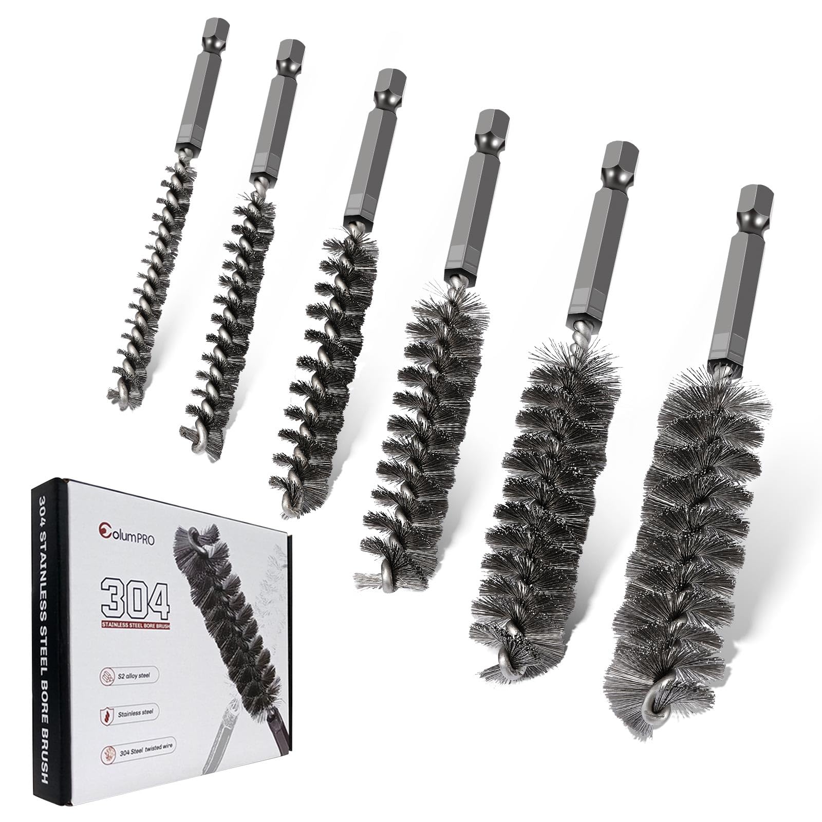 Columpro 6PCS 304 Stainless Steel Bore Brush Copper Pipe Cleaner, Twisted Wire Drill Brush,1/4 Inch Hex Shank S2 Steel Handle, for Power Drill