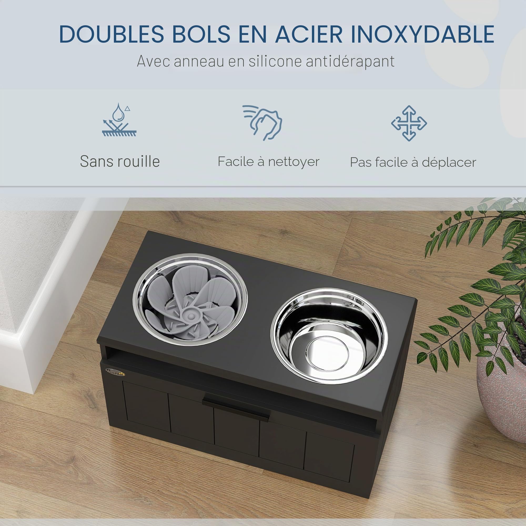 PawHut Gamelle surélevée pour chien avec alimentation lente, deux gamelles en acier inoxydable, tiroir, pour chiens de grande et très grande taille, noir