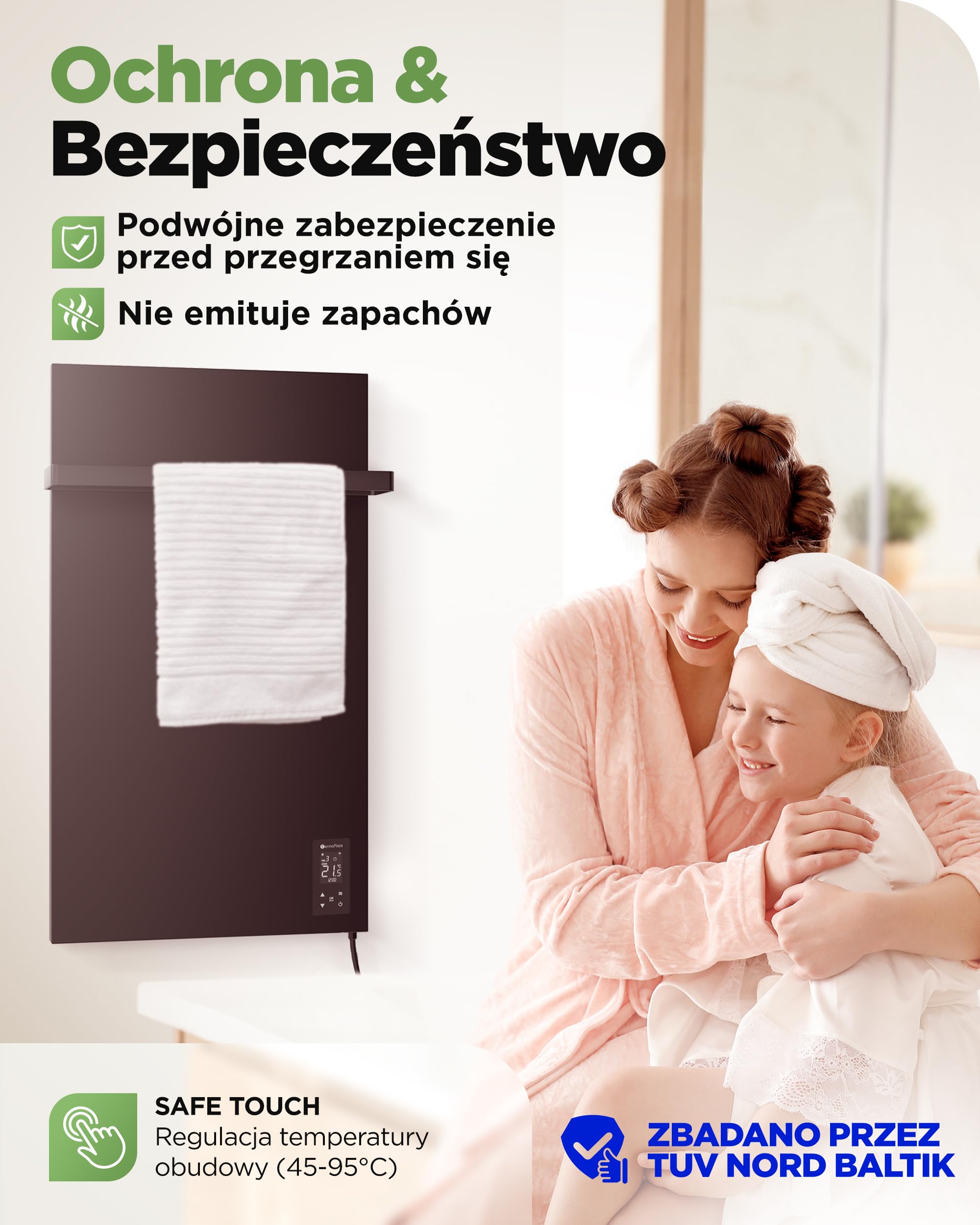 TermoPlaza WiFi Promiennik na Podczerwień 270 W do 7 m² | Inteligentny elektryczny grzejnik ścienny | Grzejnik łazienkowy z wieszakiem na ręczniki i termostatem | Grzejnik elektryczny do łazienki