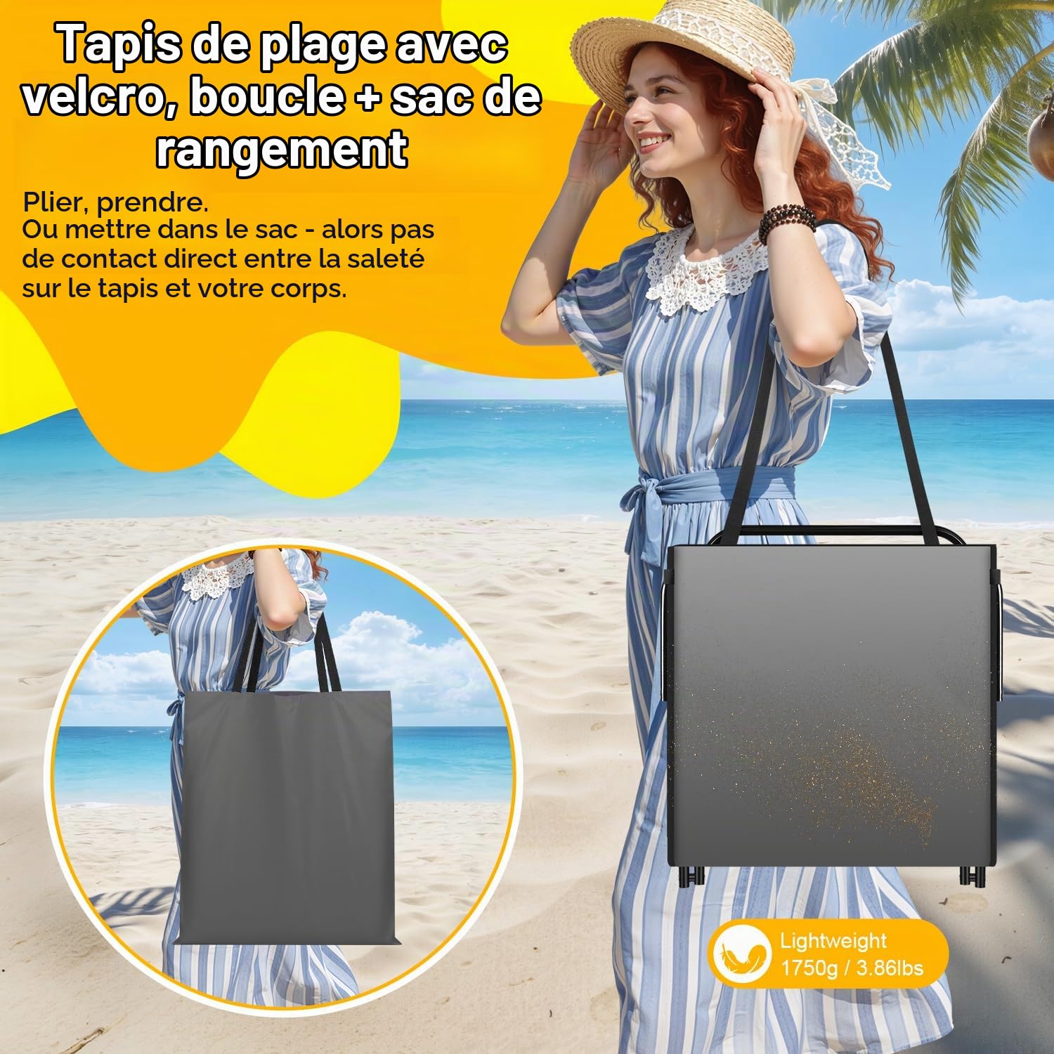 Lospitch Lot de 2 chaises de plage pliables, légères, tapis de plage rembourrés, sac à main, compartiments de rangement, coussin intégré avec réglage à 5 vitesses, tissu résistant à l'usure (158 cm,
