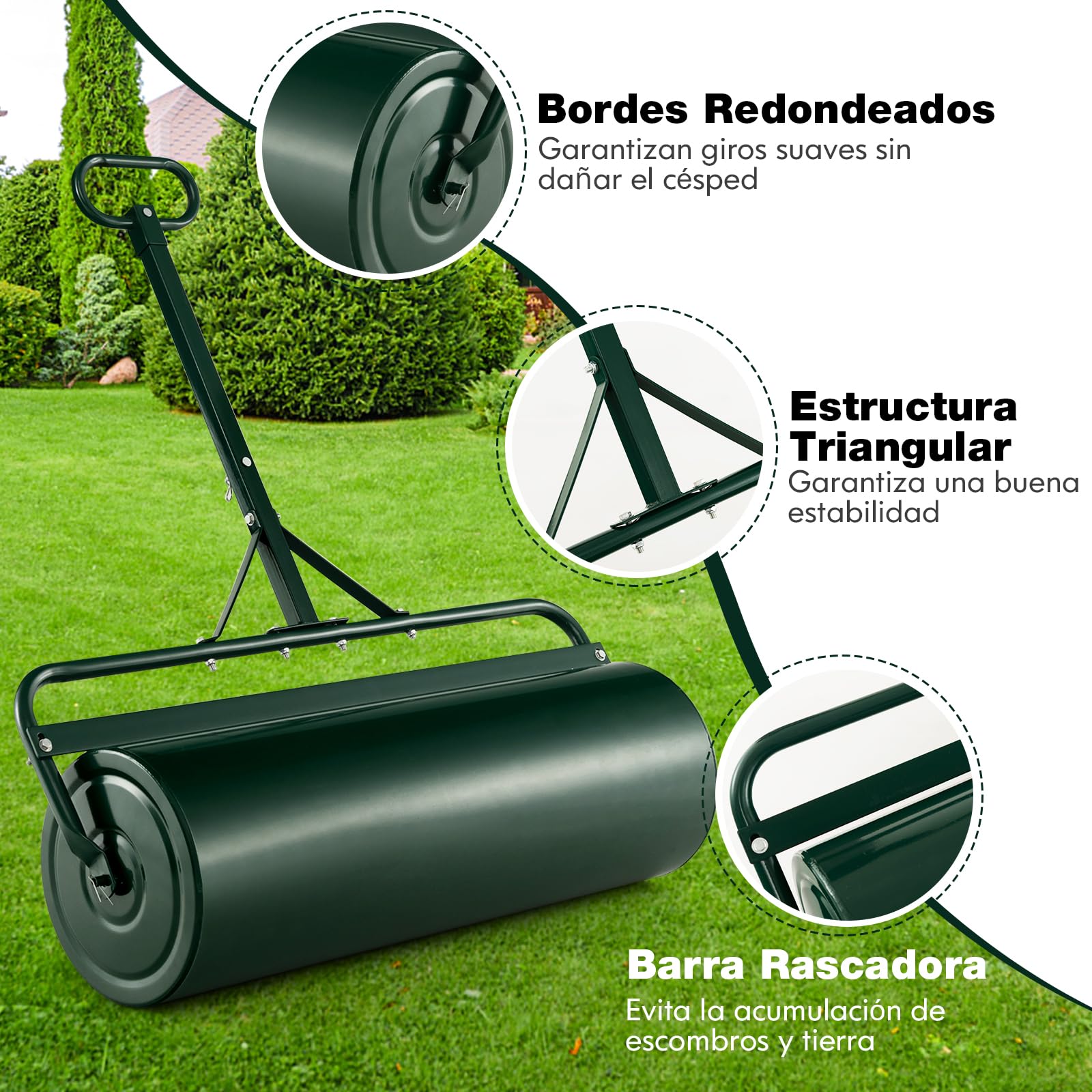 GOPLUS Rodillo de Jardín para Césped 113 L, Rodillo de Jardín de Metal, Relleno con Arena/Agua, Diversos Modos de Uso, Asas de Fácil Agarre, Φ40x90cm (Verde)