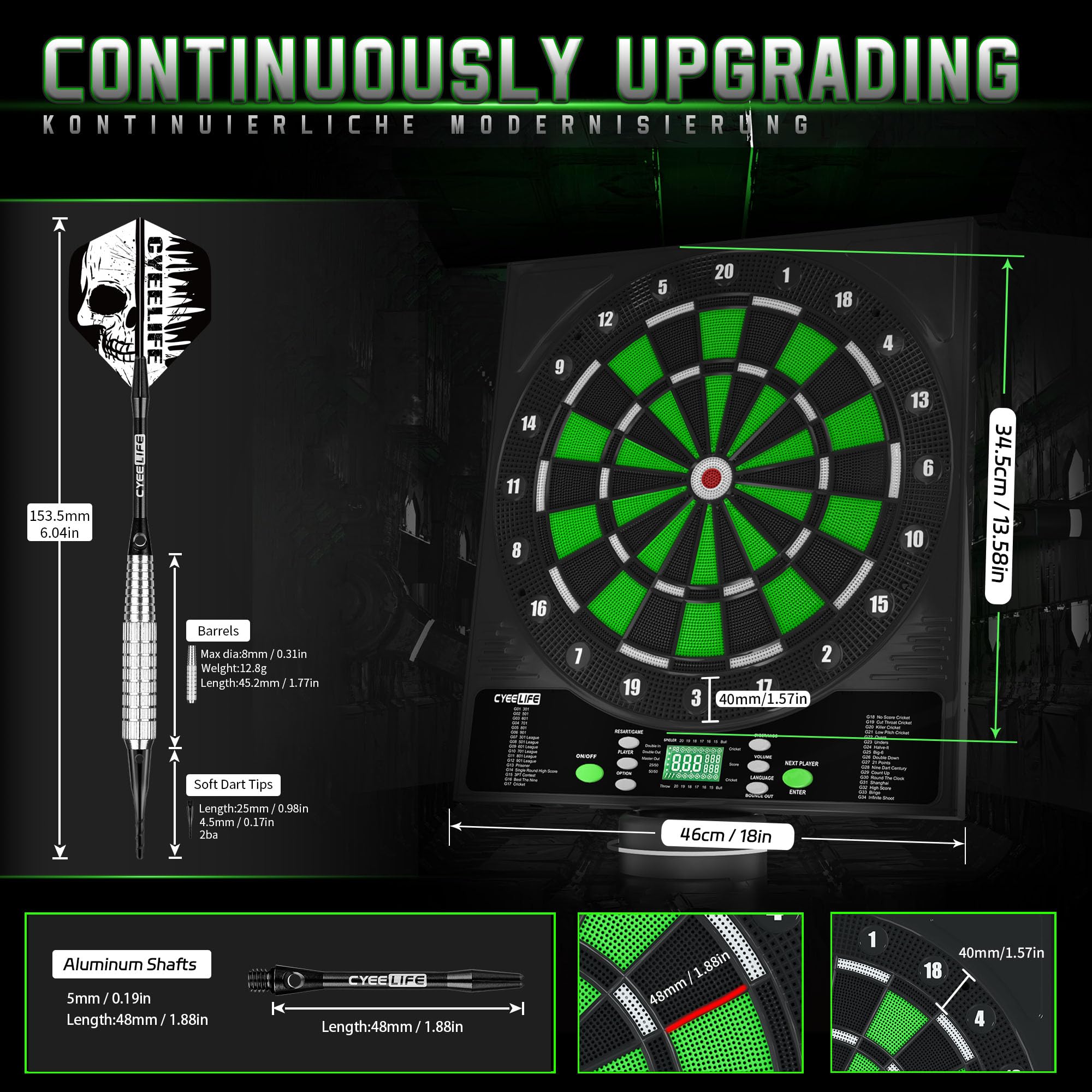 CyeeLife Tavola da Freccette Elettronica Dartboard 12 Frecce 50 Punte 24 Voli Accessori 1-8 Giocatori