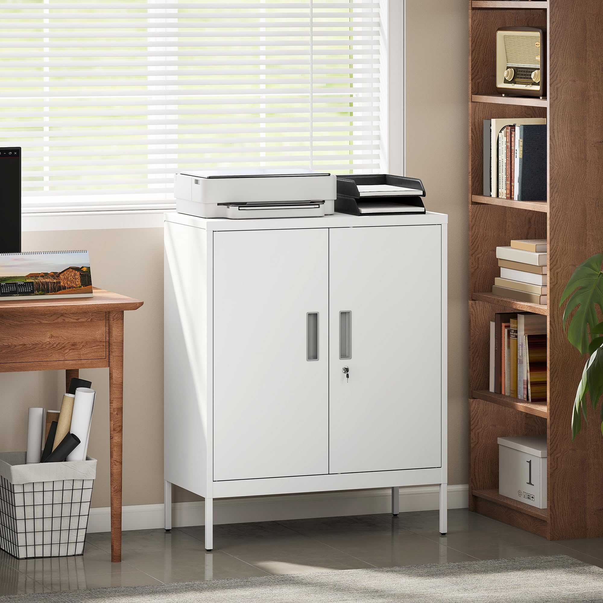HOMCOM Armadio Portadocumenti a 2 Ante in Acciaio, Schedario da Ufficio con Ripiani Regolabile su 25 Livelli e Serratura, Mobiletto Multiuso Portaoggetti, per Ufficio Studio, 80x40x100 cm, Bianco