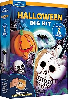 Blue Marble Halloween Dig Kit – Excavation Set with Skull & Pumpkin Dig Bricks, Includes Ghost, Mummy, Bat & Skull Figures, for Kids, Boo Basket Stuffers, Hands-On Activity