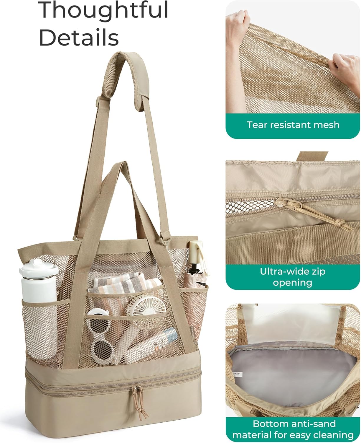 BAGSMART Beach Bag for Women, Mesh Tote Bags with Zipper, Sandproof Vacation Essentials with Cooler for Swim Cruise Pool - Image 7