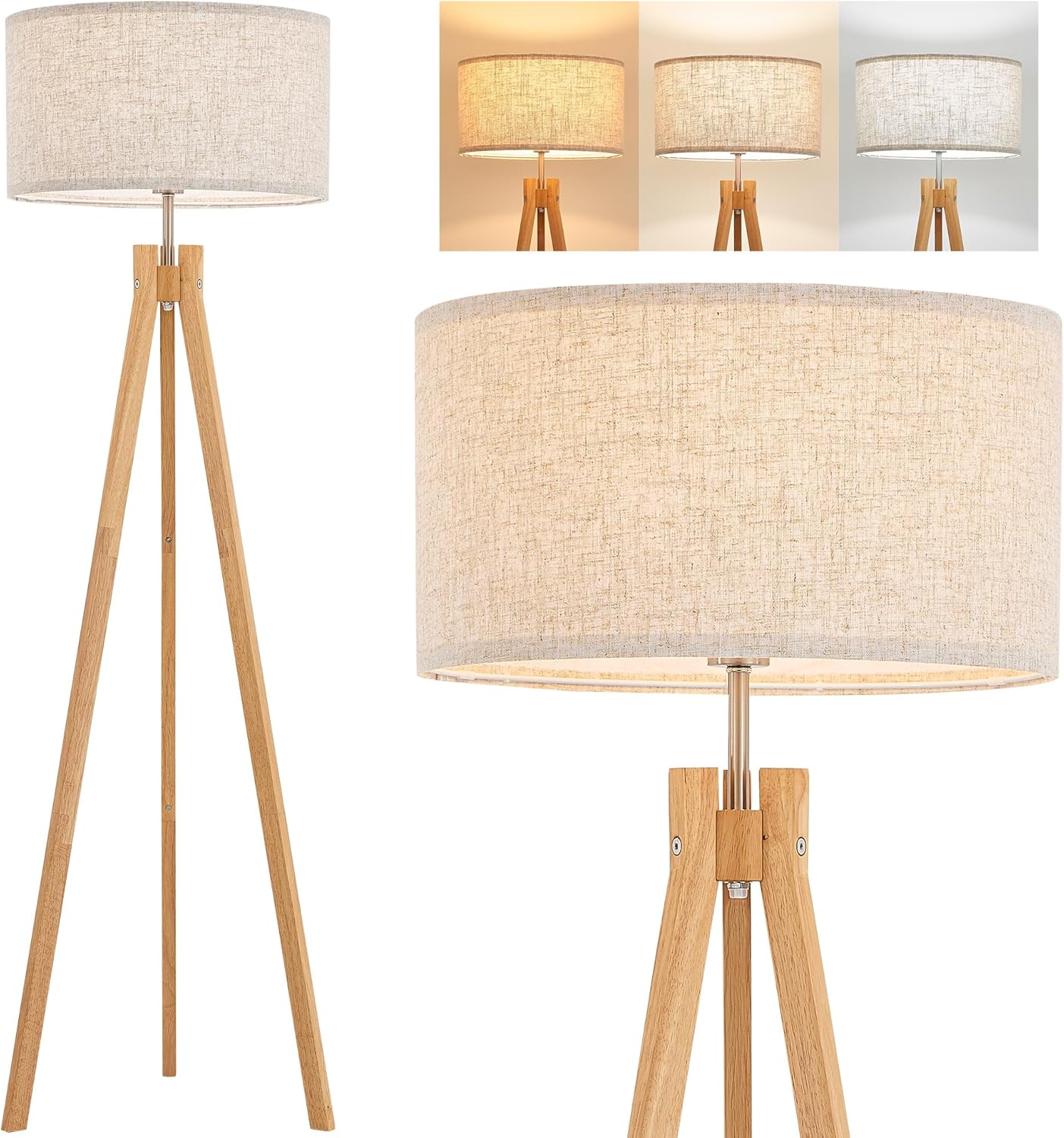  ELYONA Nordic Wood Tripod Floor Lamp, Modern Reading Standing Lamp for Living Room 3 Color Temperatures LED Bulb Included Flaxen Lamp Shade, Boho Natural Wooden floor lamp for Bedroom Office Kids Room