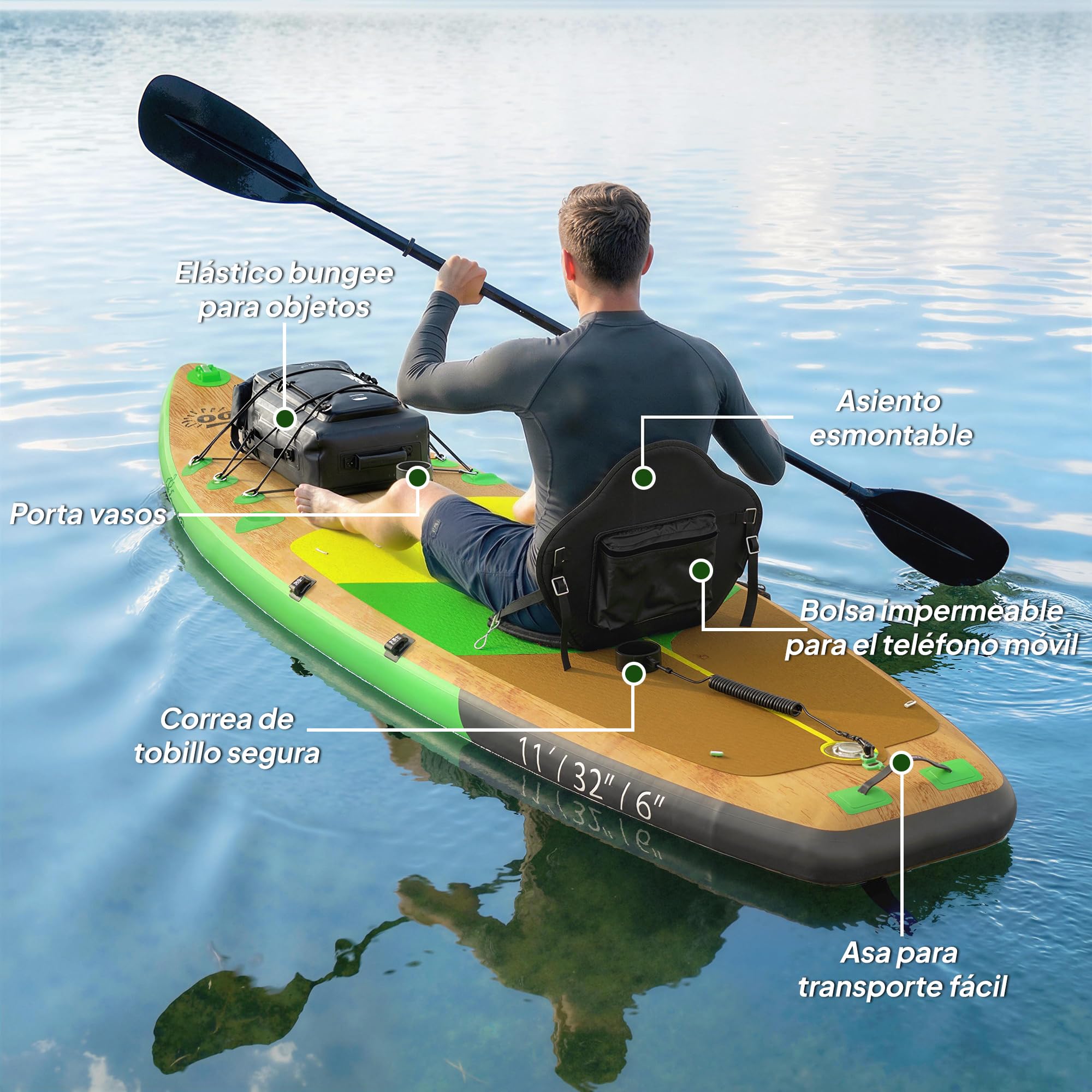 Outsunny Tabla Paddle Surf Hinchable con Accesorios, 335 cm, Remo Convertible, Asiento, Aletas, Stand Up Paddle Board con Superficie Antideslizante, Bomba, Mochila y Funda, Carga 180 kg, para Adultos
