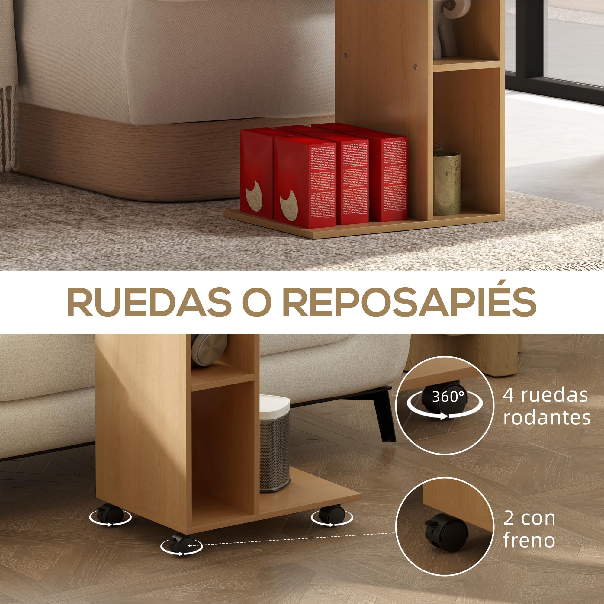 HOMCOM Mesa Auxiliar Multifuncional en Forma de C Mesa Auxiliar para Sofá con Ruedas Compartimentos Abiertos para Sofá Salón Dormitorio Oficina 40x30x69 cm Roble
