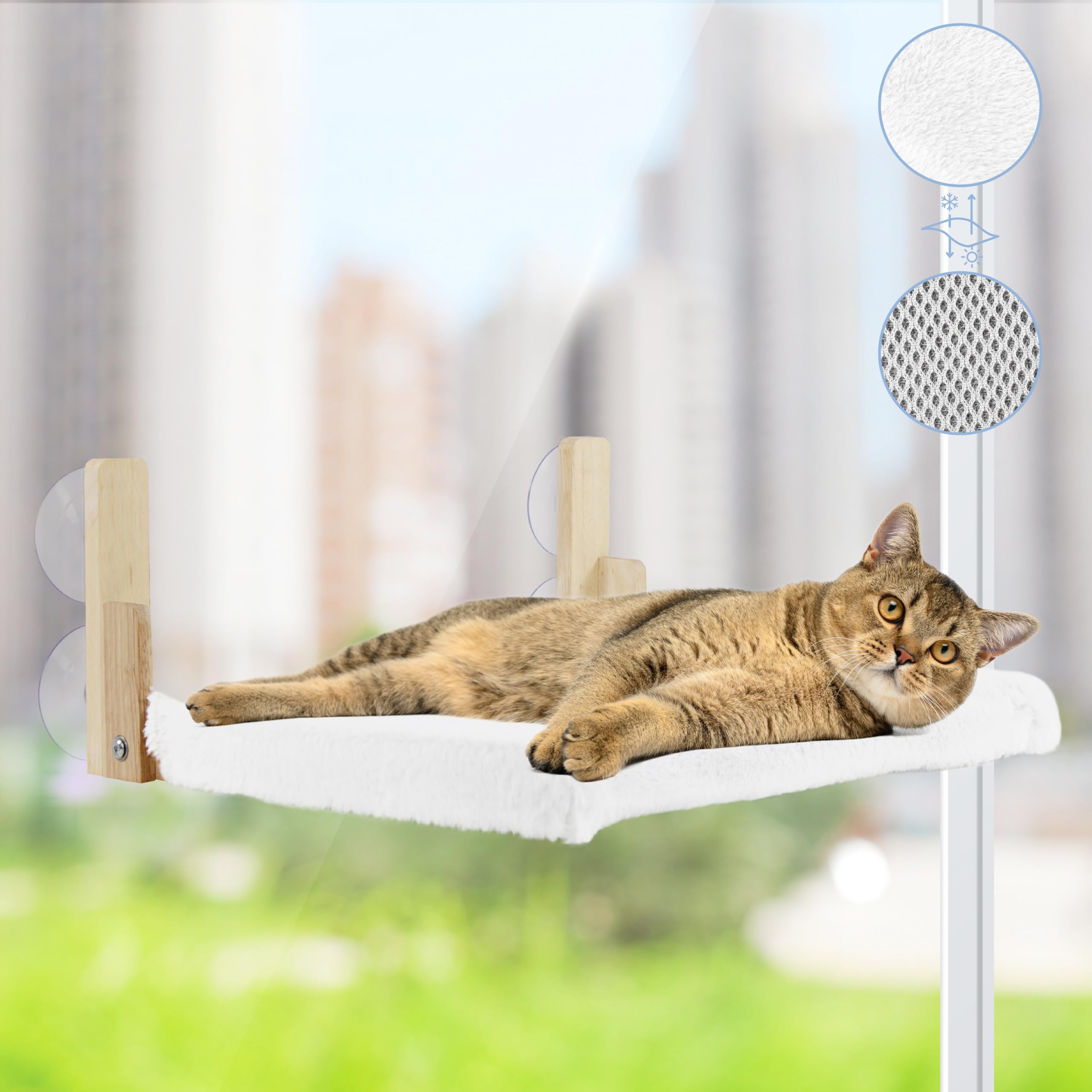 Hamaca Gato Ventana - Cama Gato Ventana Espaciosa y Segura - Hamaca Gato Ventana de Madera con Fuerte Succión - Cama Ventana para Gatos Fácil de Instalar - Cama Colgante para Gatos