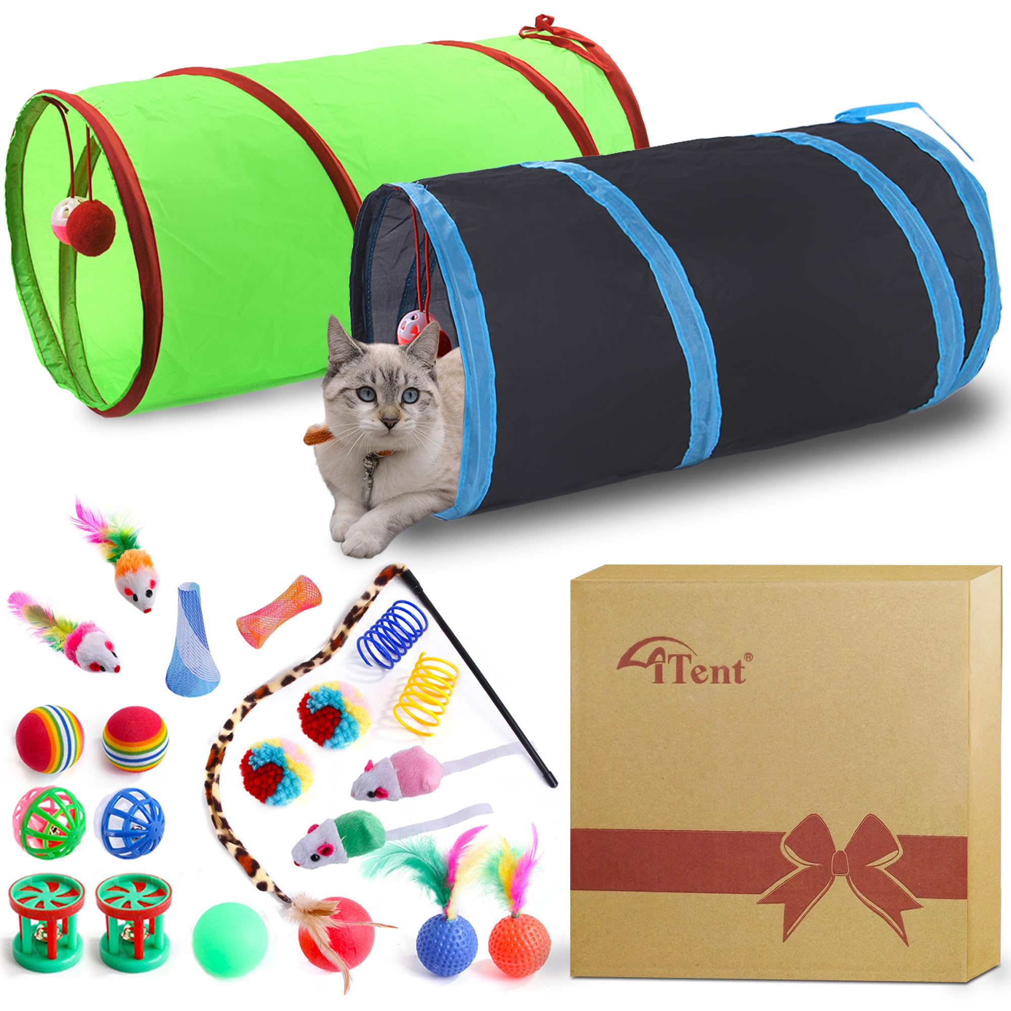Itent 23PCS Assortment of Cat Toys -Foldable Spiral Tunnel,Spring,Mice,Cat Interactive Feather Teaser Wand Ball Toy, Colorful Balls & Bells for Kittens, Cats, and Puppies!