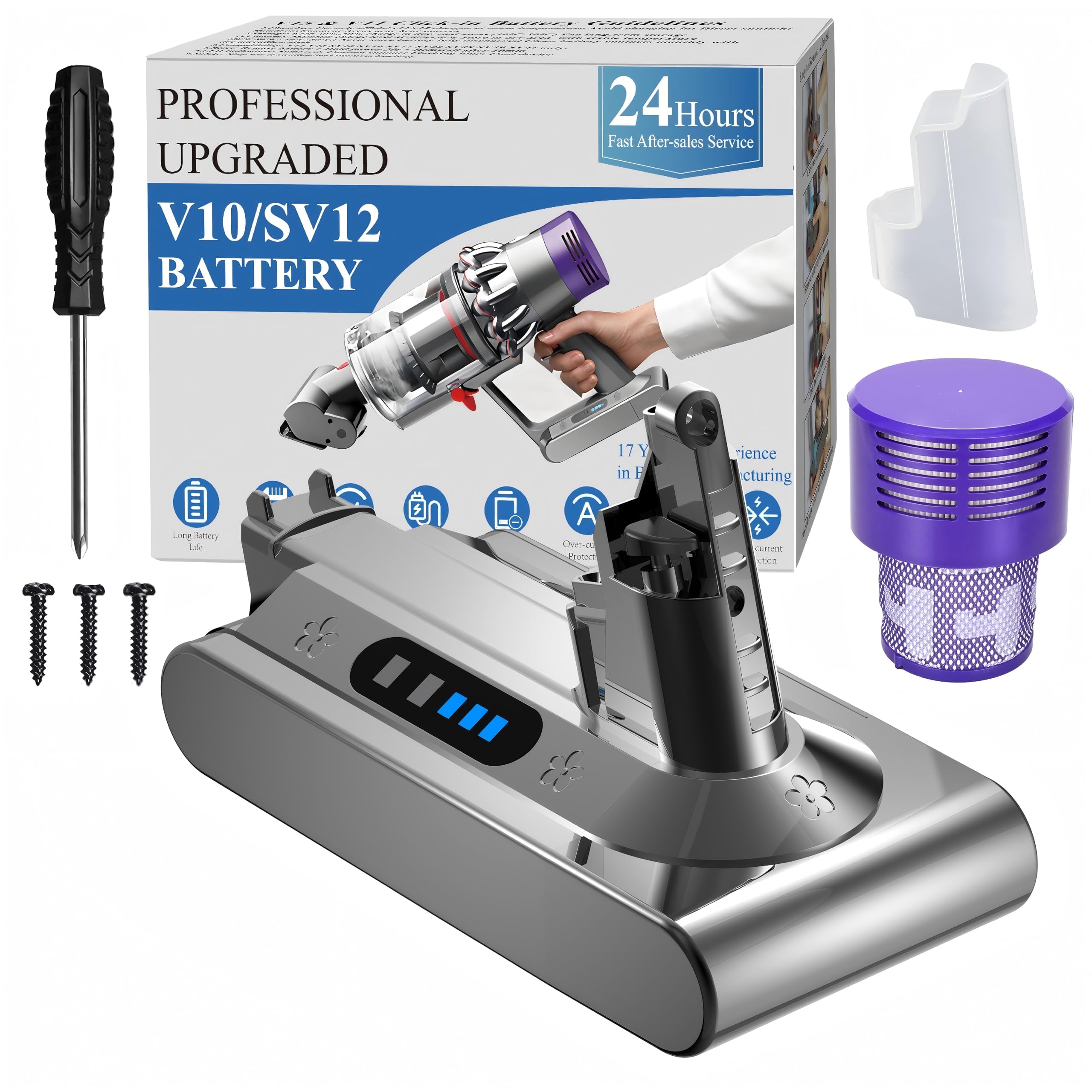 DTK Professional Replacement for Dyson V10 battery SV12 SV27, Compatible with Dyson V10 Cyclone, Animal, Absolute, Fluffy, Allergy, Motorhead Cordless Handheld/Stick Vacuum Cleaners 1 Filter Included