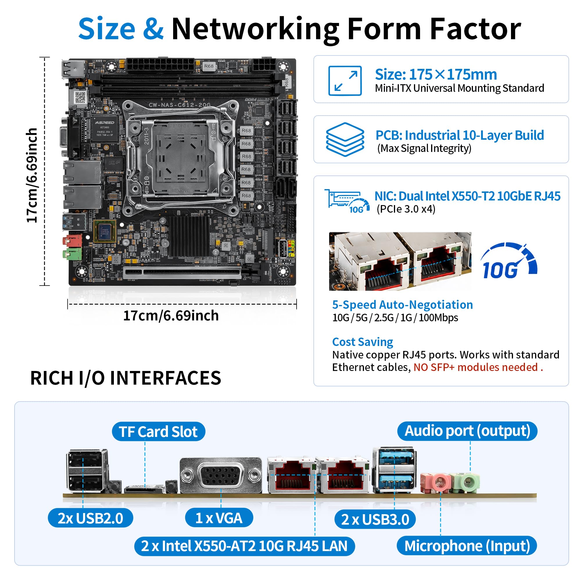 CWWK Mini ITX NAS płyta główna C612 LGA2011-v3 Dual 10GbE RJ45 płyta główna | Do Xeon E5 V3 V4. 2 x NVMe M.2 & 4x SFF-8643. Obsługuje dyski pamięci NVMe U.2 i SATA. Adapter nie wchodzi w zakres dostawy