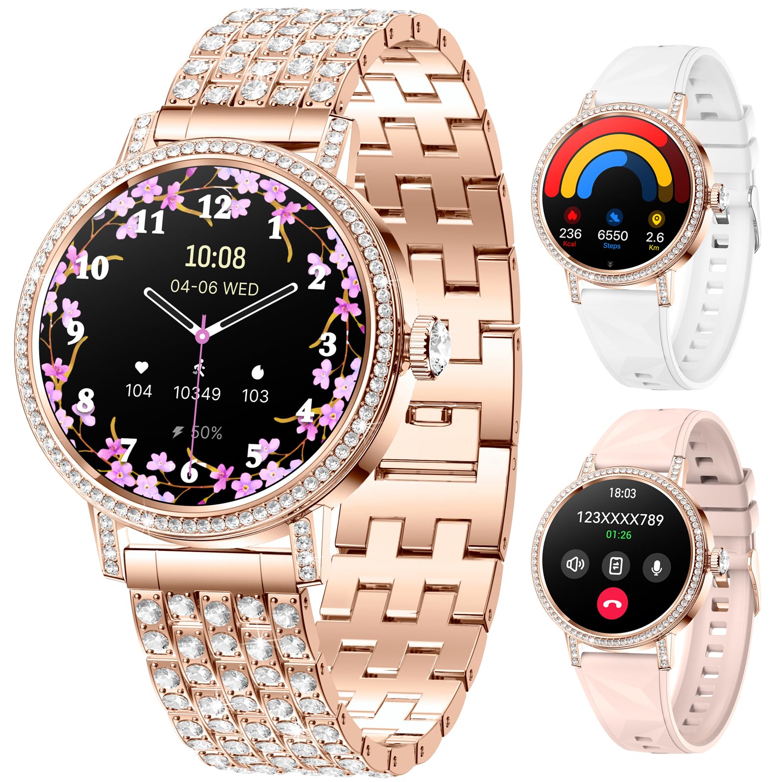 Montre Connectée Femme avec Diamant, Bluetooth/Sommeil/Fréquence Cardiaque