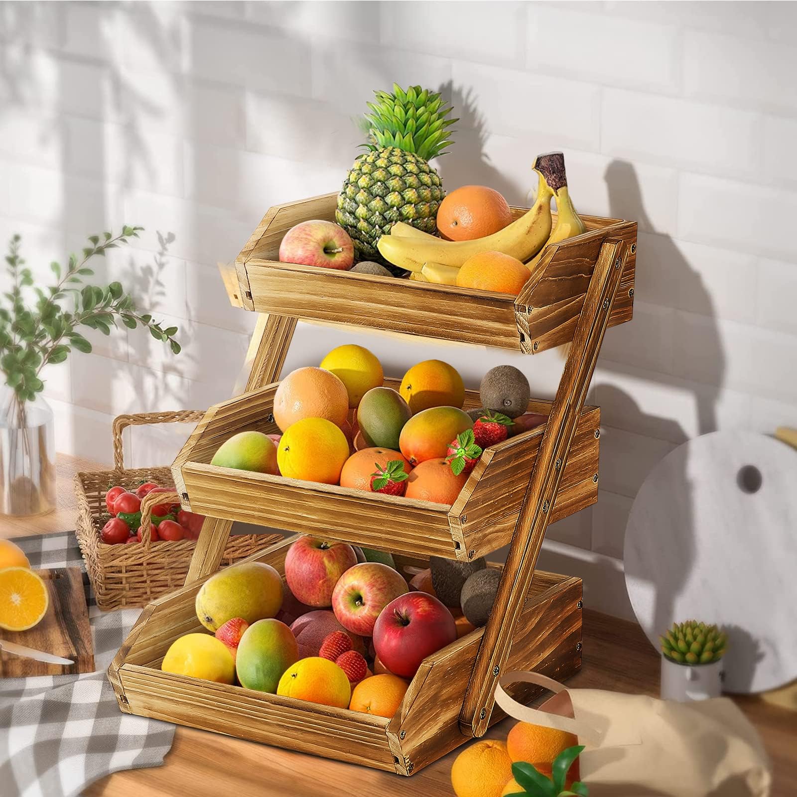 Obstkorb aus Holz 3 Etagen, Gemüsekorb Obst Etagere, Aufbewahrung Halter für Obst, Kuchen, Süßigkeiten