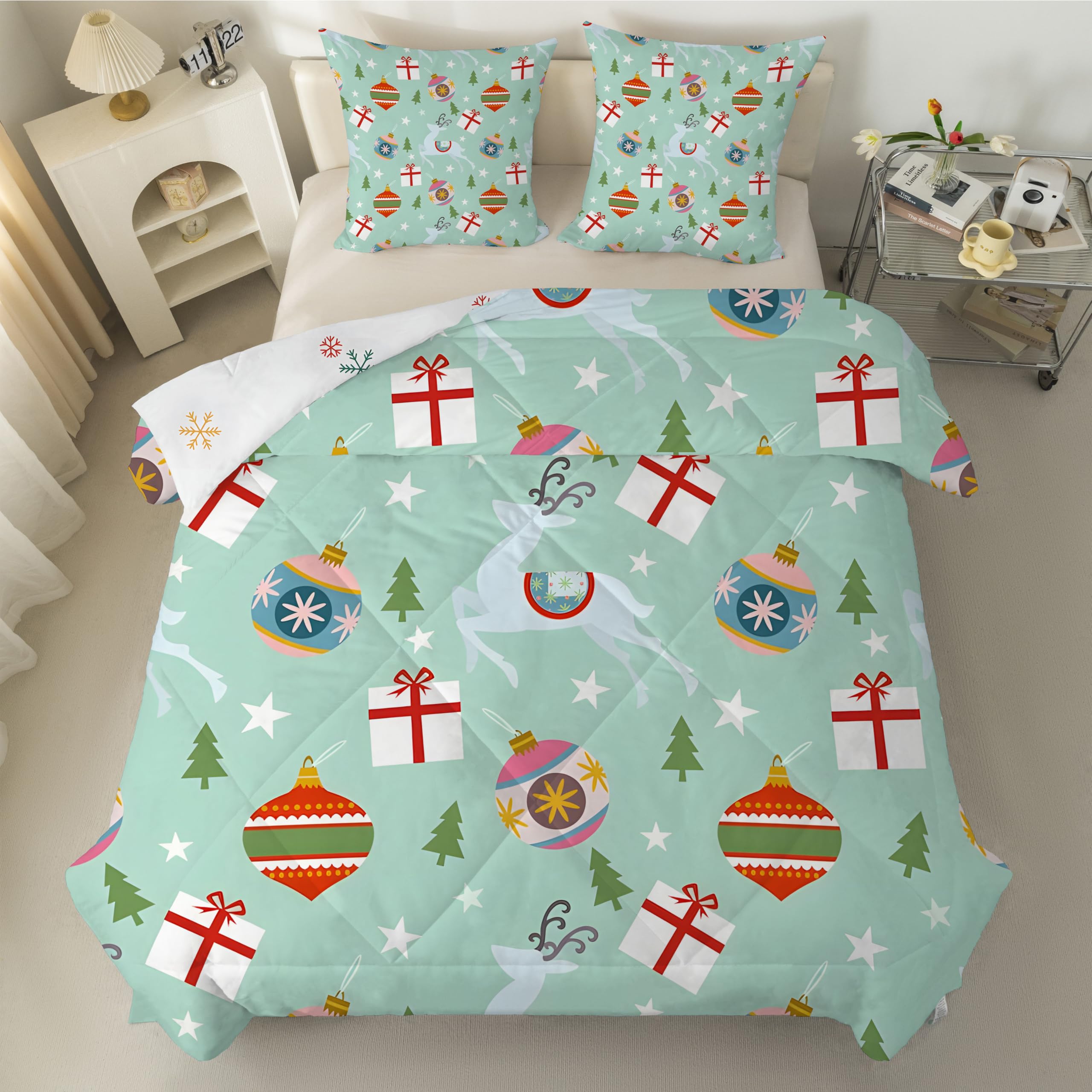 Couette 140x200 Enfant Renne Lumineux, Couette Imprimée 4 Saisons pour Lit 1 Personnes - Duvet Réversible et Chaud Sapin de Noël, Édredon sans Housse et 2 Taie d'oreiller 65x65 cm, Campagne