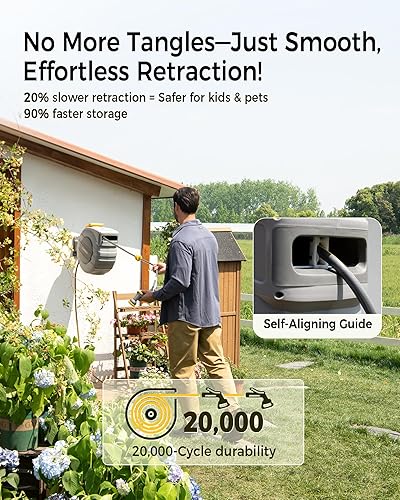 Miniatura 5 de GLAHODEN Carrete de manguera de jardín retráctil, 12 pulgada x 130 pies, resistente a los rayos UV, carrete de manguera de agua automático montado