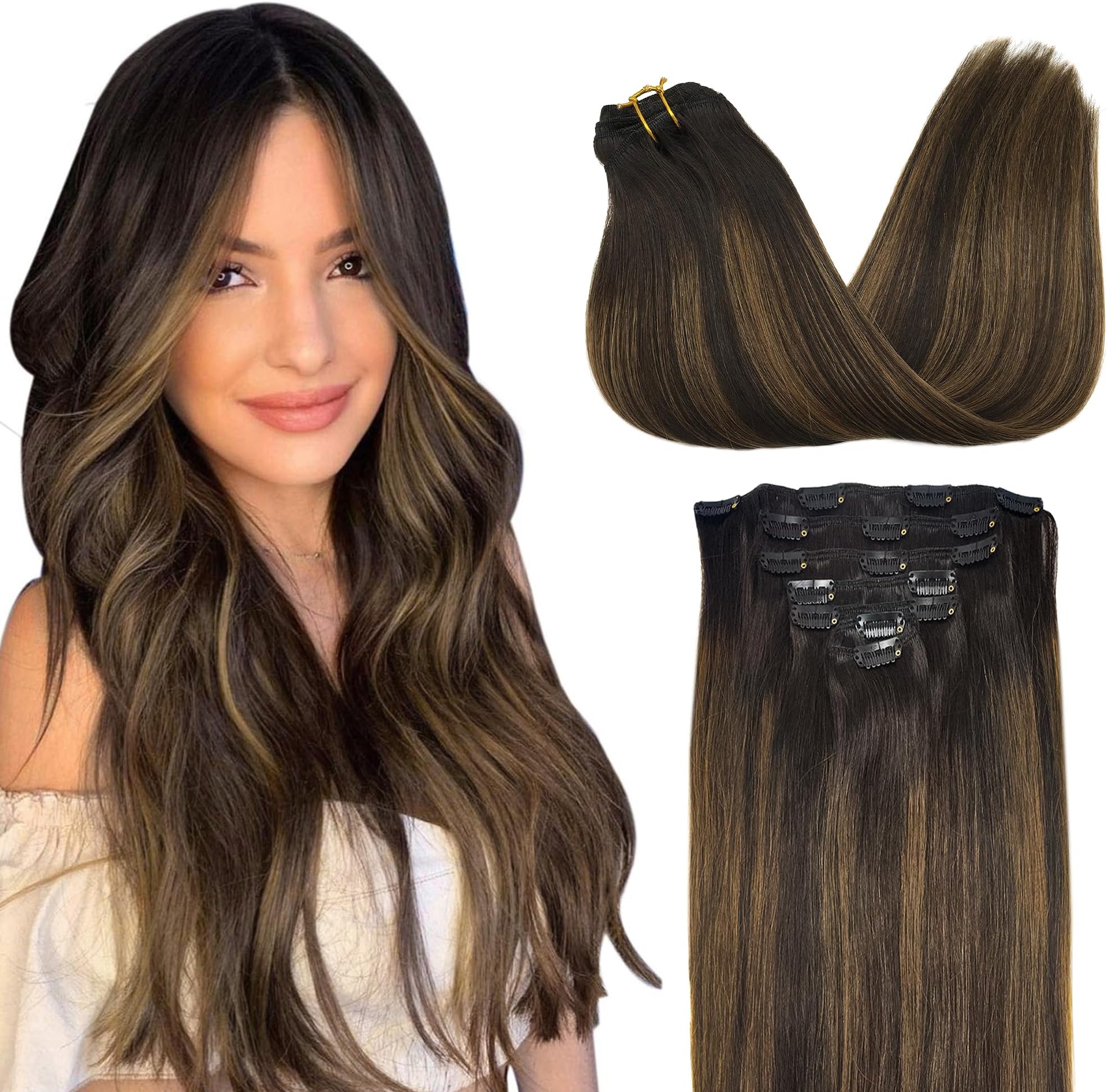 GOO GOO Clip in Hair Extensions Real Human Hair, 18inch 120g 7Pcs, #2/6/2 Balayage Dark Brown to Chestnut Brown, Remy Human Hair Extensions Clip ins for Women, Natural Human Hair