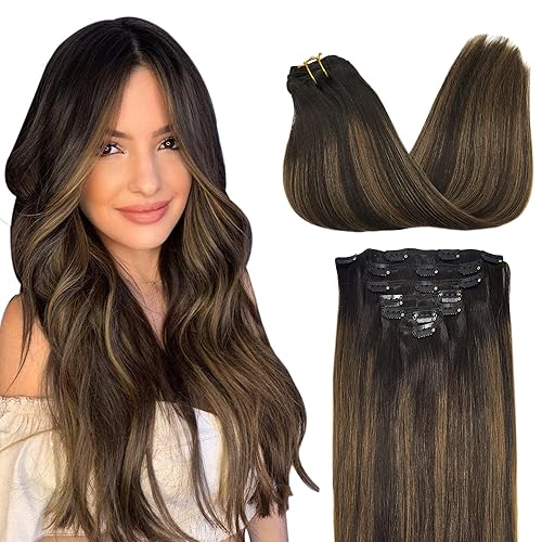 GOO GOO - Extensiones de cabello lacio humano Remy con clip en balayage, color castaño oscuro a castaño, 14 pulgadas, 7 piezas, 120 gramos