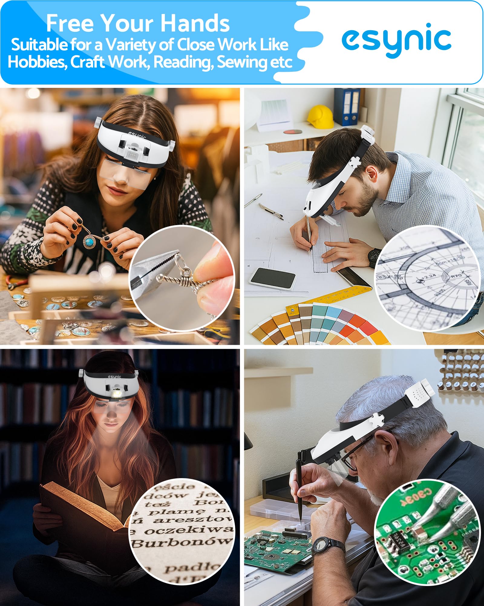 eSynic Lente d'ingrandimento con 8 LED, lente d'ingrandimento 1X-6X ricaricabile, con custodia, 5 lenti, lampada regolabile per testa calda e fredda per hobby, lettura, artigianato, ecc