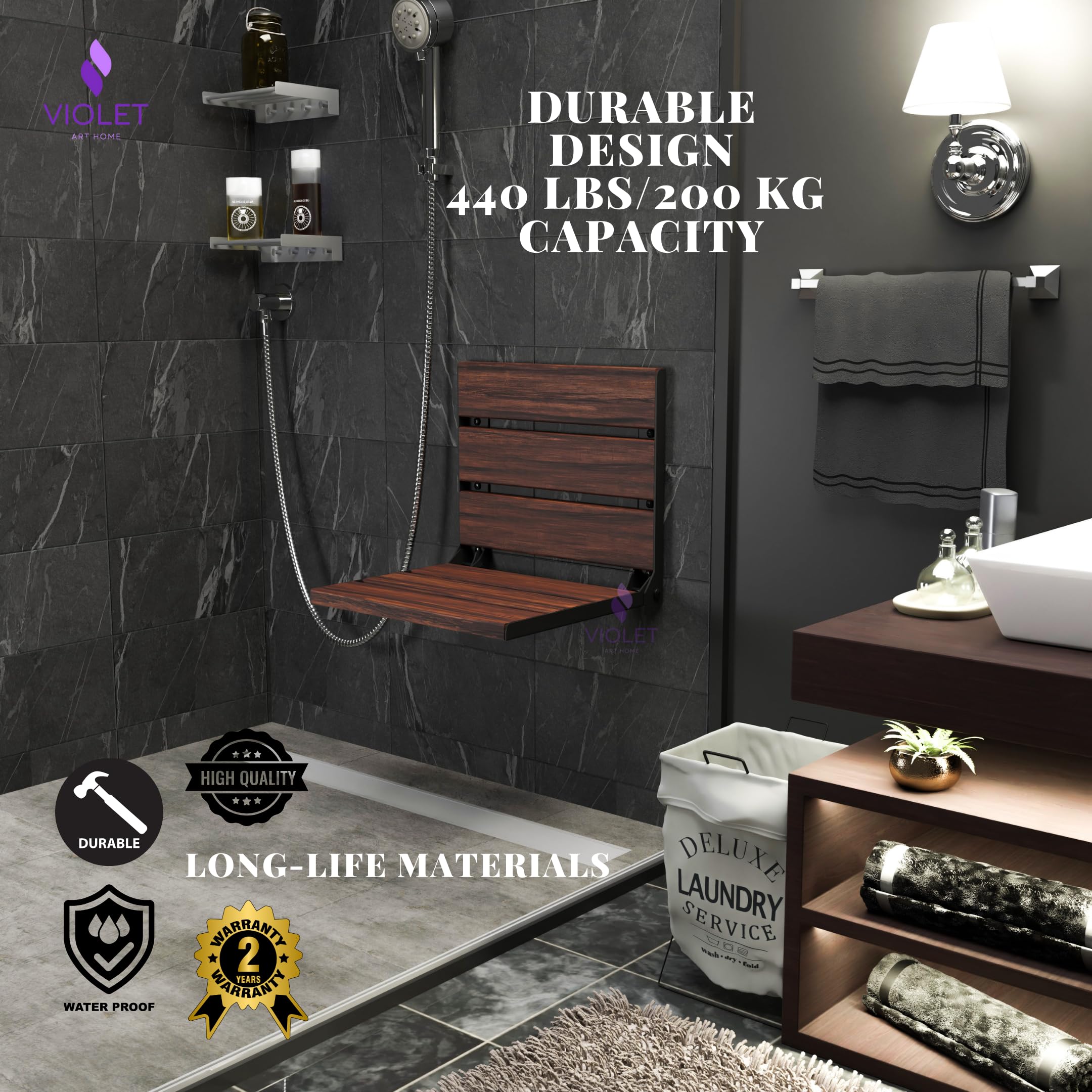 Sedile da doccia pieghevole in legno di teak, conforme ADA, durevole, sgabello da bagno salvaspazio, sedia compatta pieghevole e realizzata a mano (teak scuro naturale, grande)