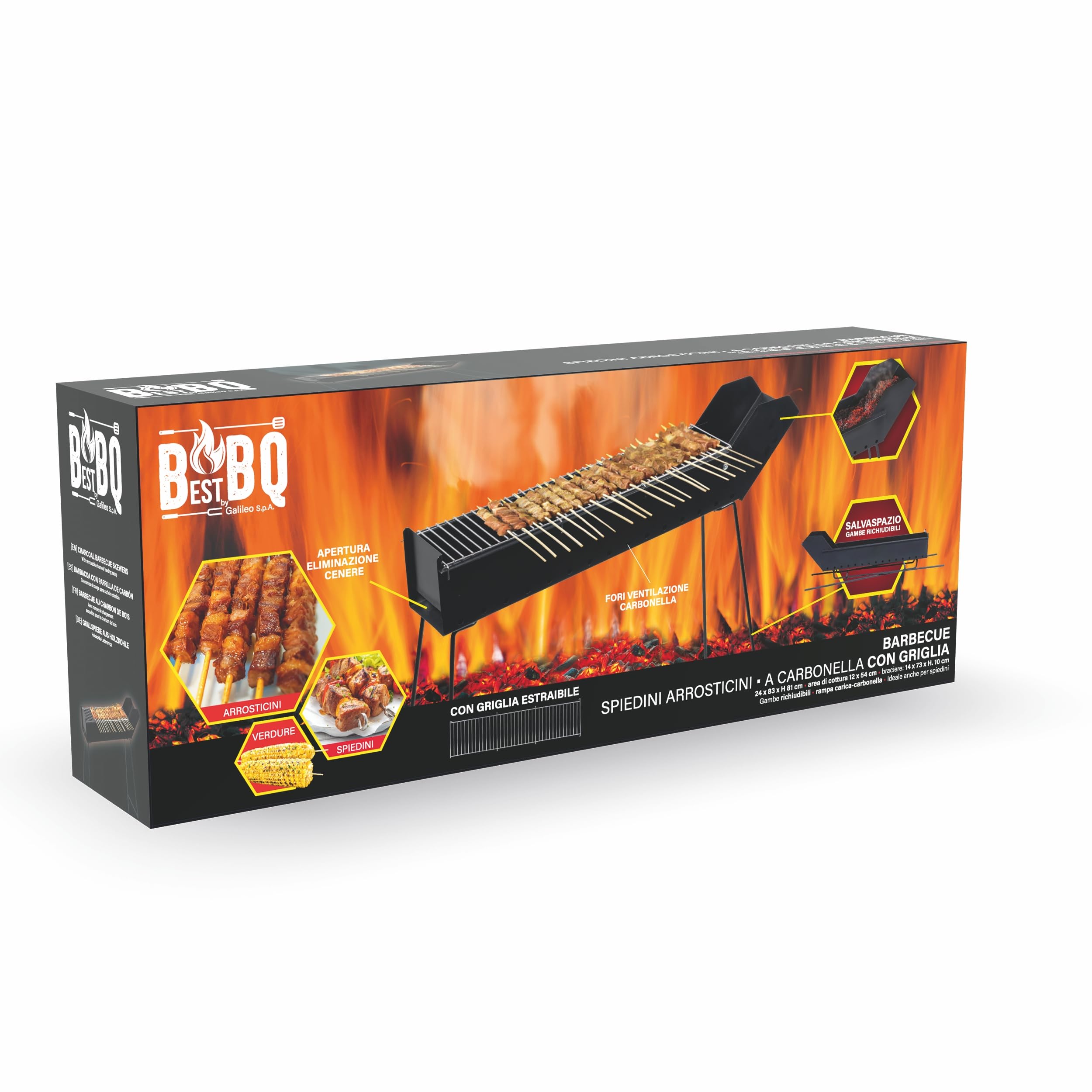 Barbecue pieghevole per arrosticini a carbonella, struttura in ferro con rampa, 74x14x76 cm, BestBQ