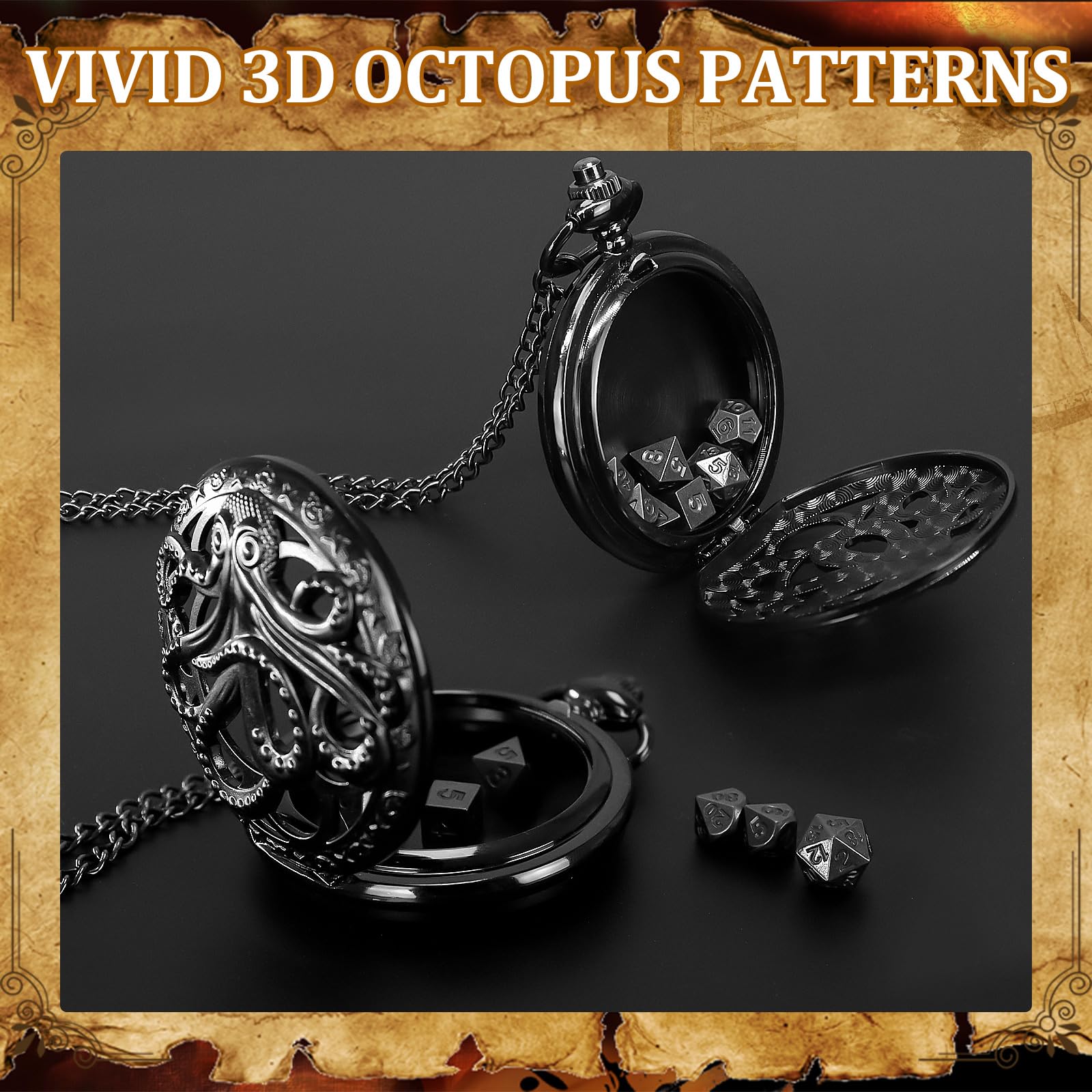 DND Mini Dice Set , Pocket Watch Shell with 7PCS Polyhedral Metal Dice Set Perfect for Dungeons and Dragons, Tabletop RPG and Cards Board Games Board Games Accessory (Octopus Pocket Watch-Black)