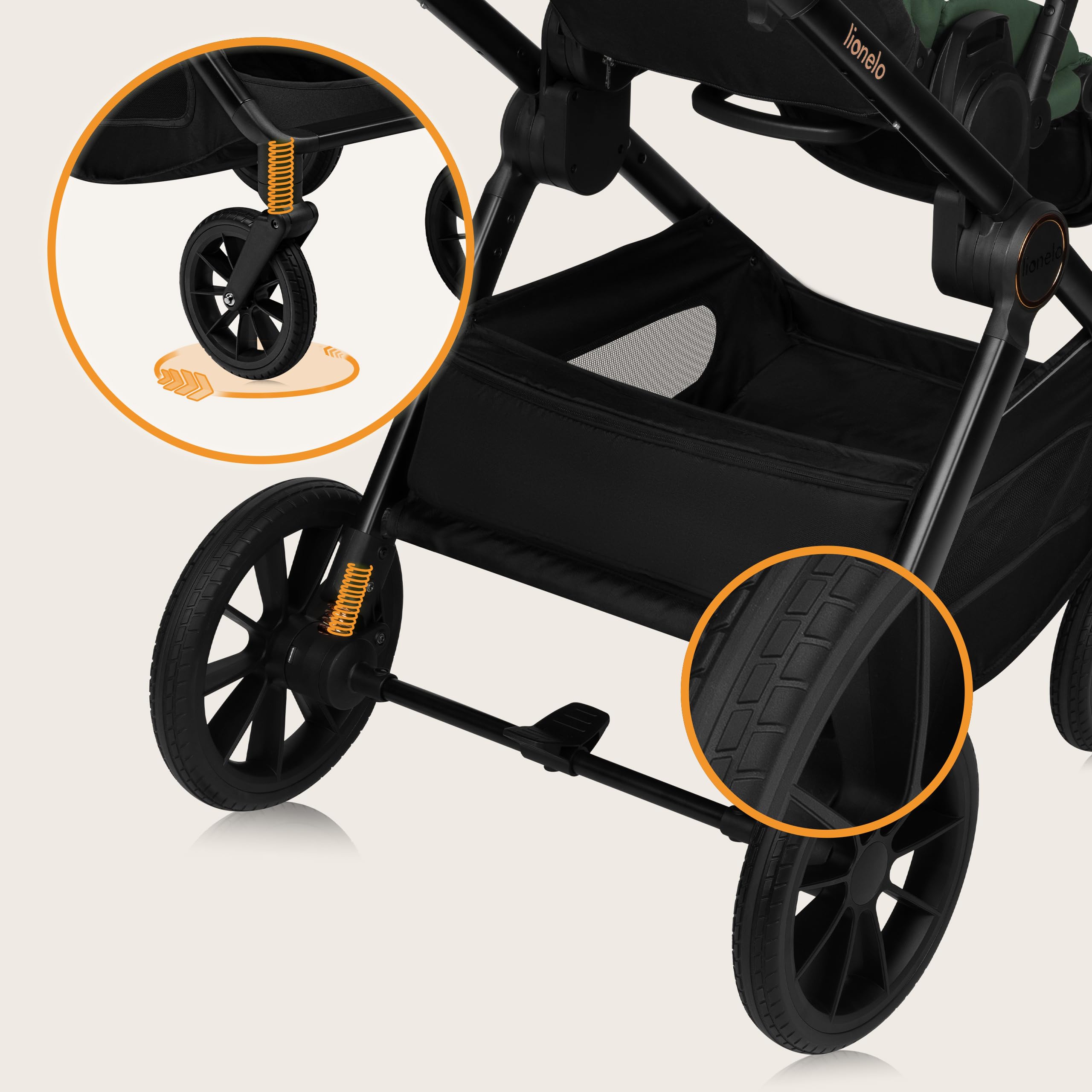 LIONELO LAYLA 3 en 1 Poussette combinée 0-48 mois 22 kg Nacelle 9 kg Siège auto 13 kg AiryDots Roues PU pivotantes 360° Suspension complète Green