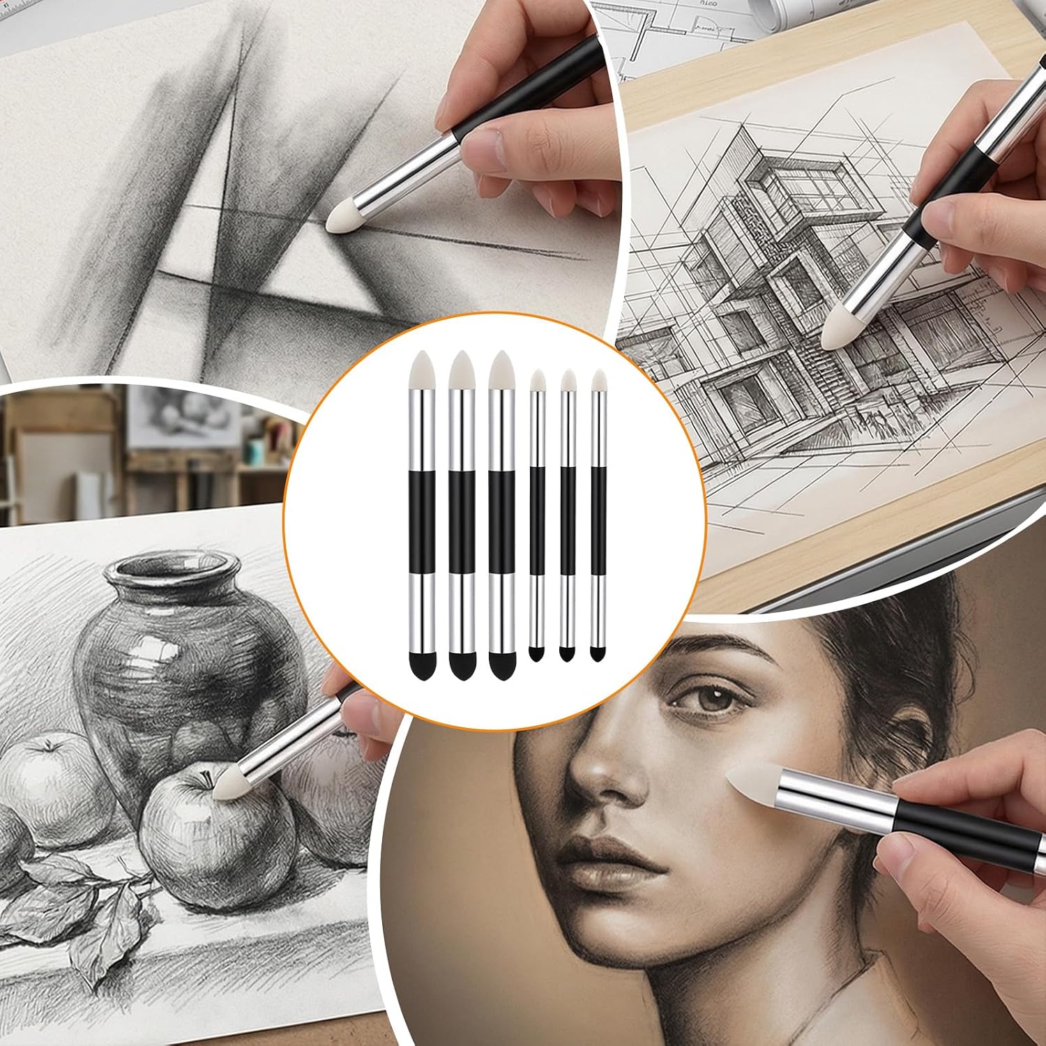 Nogeqi 6 Pcs Oil Pastels Blending Tools Rub n Buff Tools for Oil Pastel, Dual Tip Reusable Pastel Tool, Soft Pastels Blending Stumps for Drawing, Washable Sketch Rubbing Sponge for Art