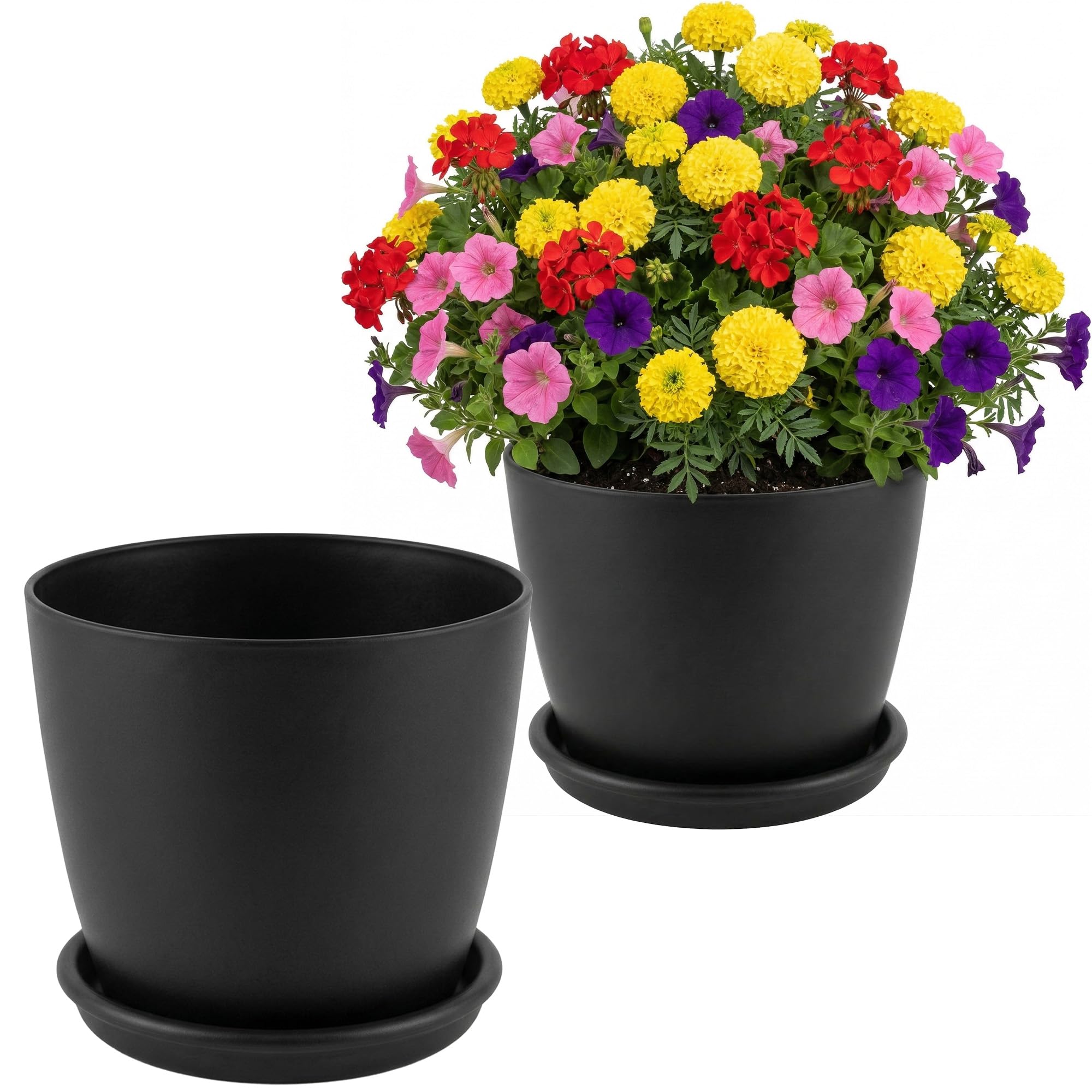 Averly Home Black Matte Flower Pot | Sturdy Plastic Plant Pots With Saucer | Versatile Planters Outdoor & Indoor | Plant Pots Outdoor For Houseplants | Pack Of 2