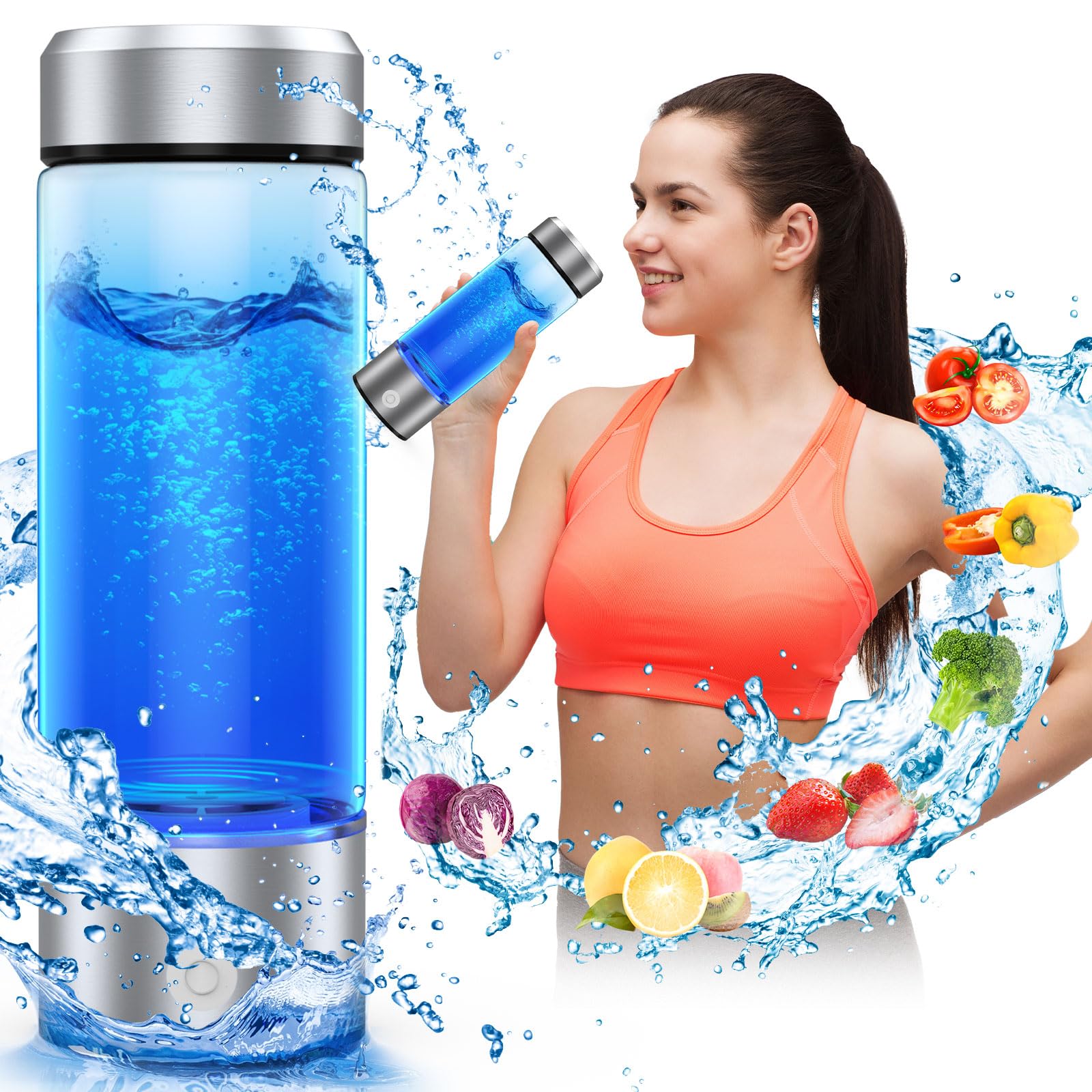 Roylvan Botella de Agua Hidrogenada, Botella con Filtrado de Agua Vidrio sin BPA, 450ml Generador Portátil de Agua de Hidrógeno Rica para Deporte, Hogar, Oficina, Viajes y Bebida Diaria, Plata
