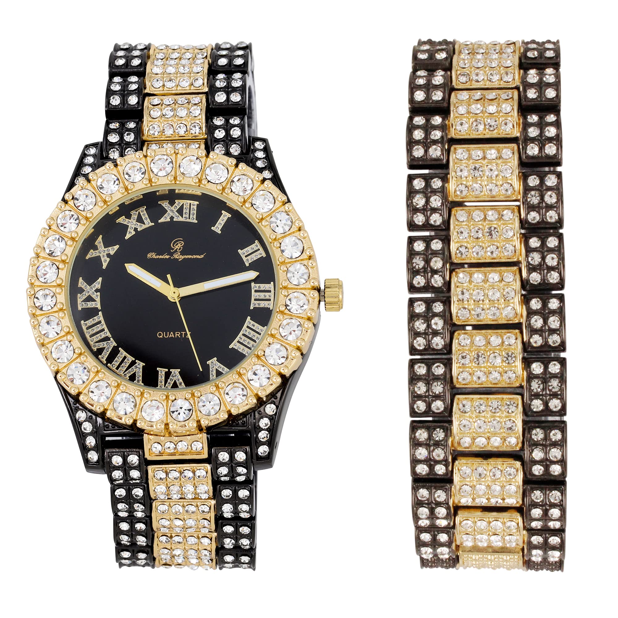 Charles RaymondCharles Raymond Mens Silver Big Rocks with Roman Numerals Fully Iced Out Colorful Dial Watch w/Bling'ed Out Cuban Shiny Silver Bracelet - ST10327 RN Cuban