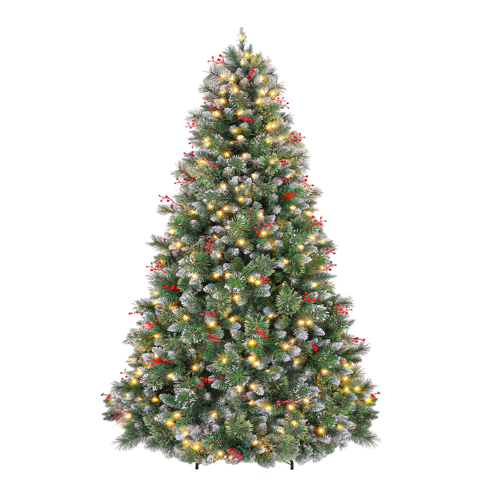 Hykolity 6 ft Prelit Snow Flocked Christmas Tree, Partially Frosted Xmas Pine Tree with Red Berries, 250 Warm White Lights, 956 PVC Branch Tips, Metal Stand and Hinged Branches
