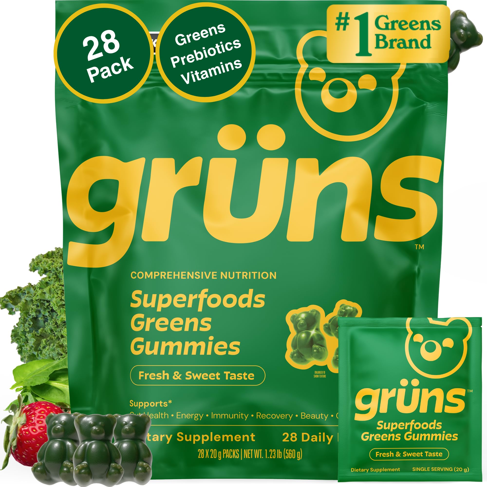 Gruns Adults Super Greens Multivitamin Gummies, Superfood Vitamin Gummy Bears with Spirulina, Chlorella, Prebiotic Fiber for Digestive Health, Adaptogens Supplement, 20 Vitamins & Minerals, 28 Count