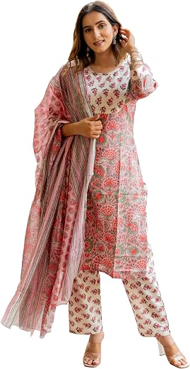 MIRCHI FASHION Pure Cotton Kurta Set for Women with Dupatta and Pant | 3 Piece Printed Kurti Set for Woman | Ethnic Wear f...