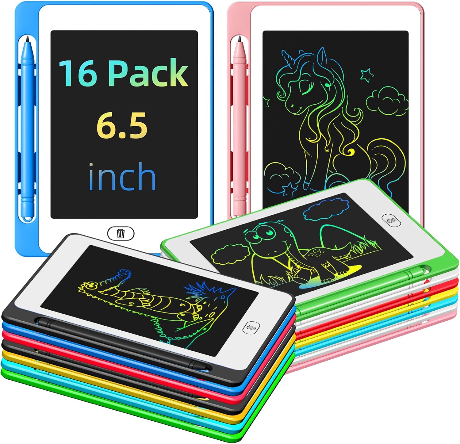 Party Favor 16 Pack LCD Writing Tablet for Kids, 6.5 Inch Colorful Doodle Board, Erasable Reusable Electronic Drawing Pads, Educational Learning Toys Birthday Gifts for Girls Boys Age 3 4 5 6 7 8