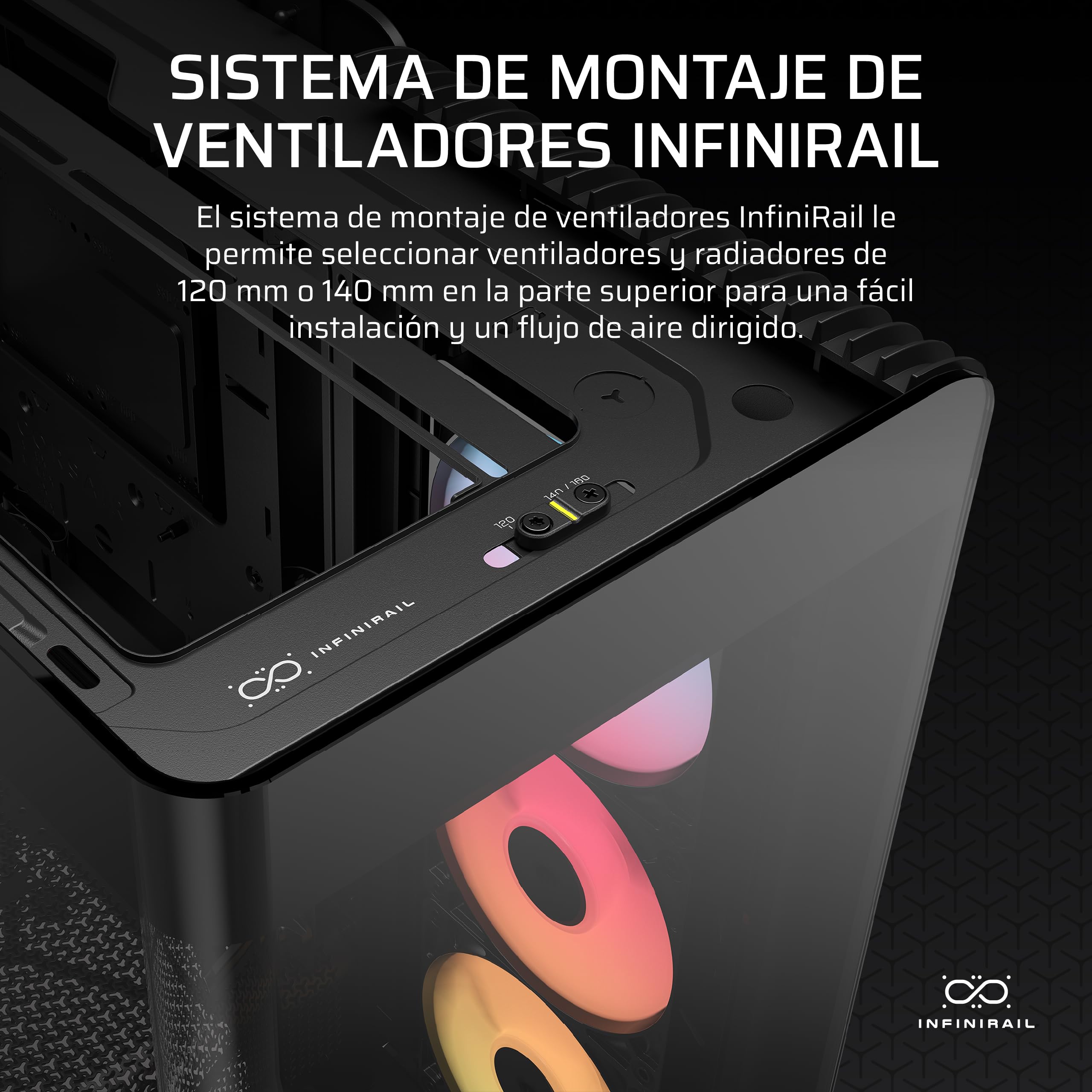CORSAIR Frame 4500X RS-R ARGB Caja de PC Semitorre con Cristal Panorámico – Sistema de Montaje de InfiniRail, Capacidad para Dos radiadores de 360 mm, Incluye 3 Ventiladores RS120R – Negro