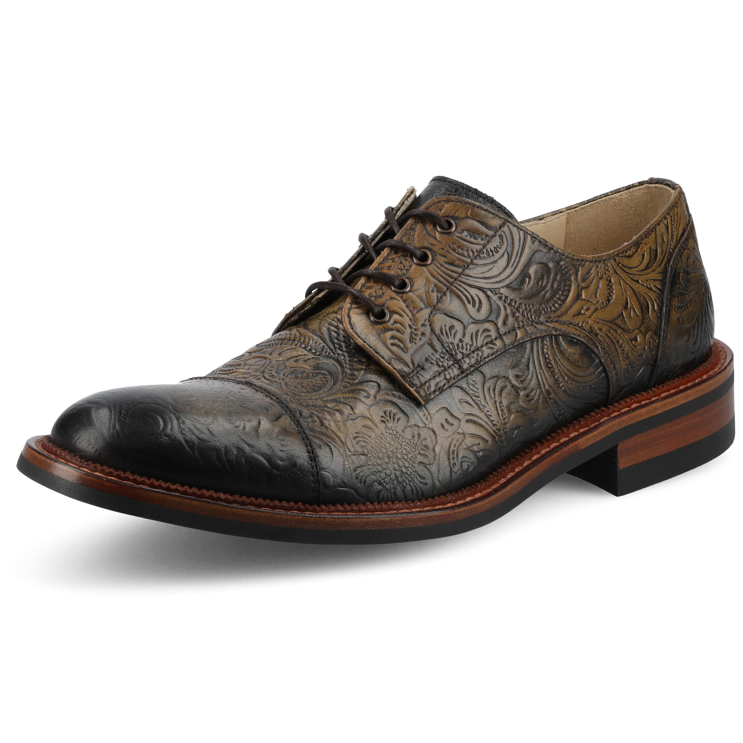 TAFT Mens Rome Genuine Leather Derby Classic Dress Shoe Lace Up Round Cap Toe Cushioned Block Heel